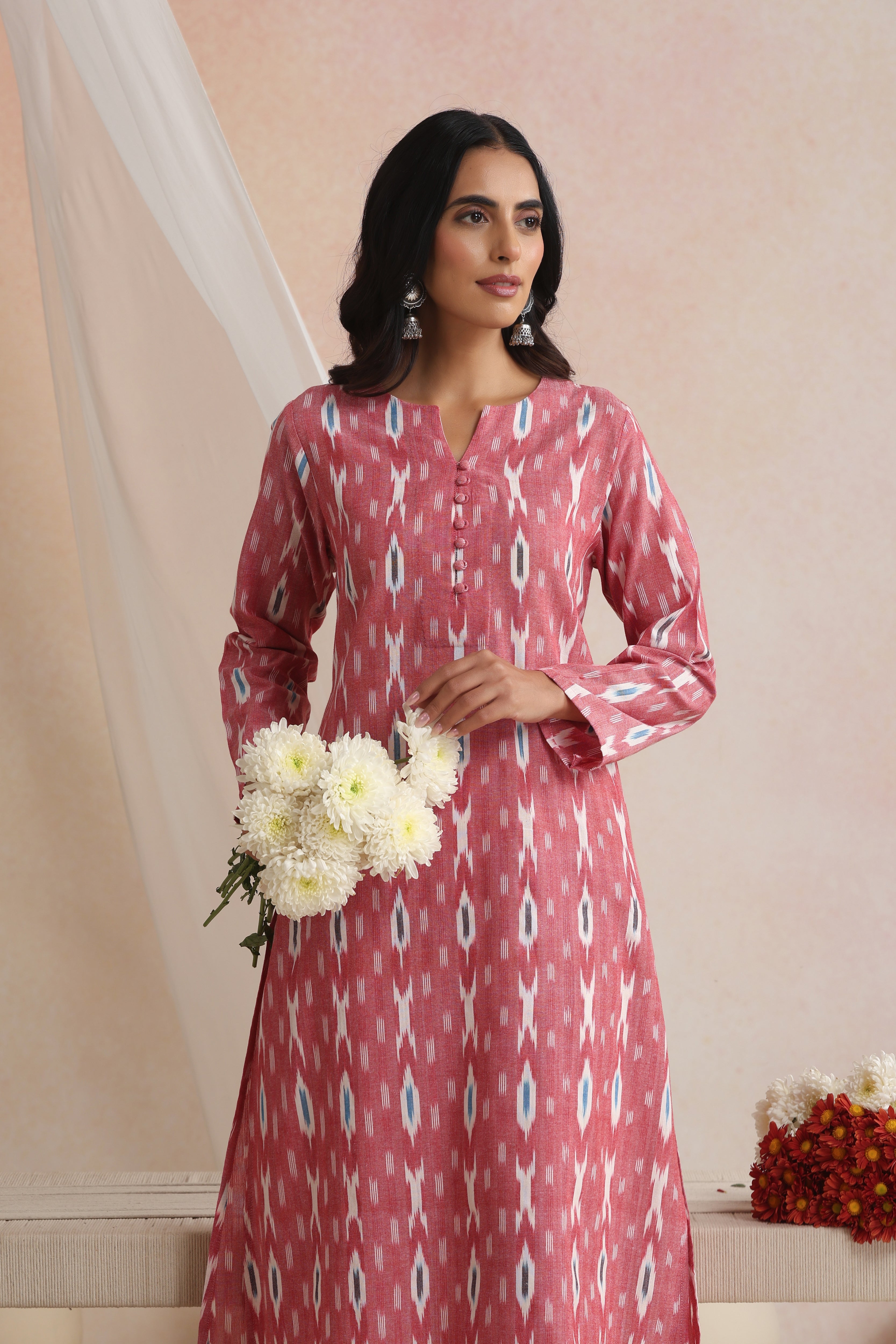 Red Carnelian Ikat Handloom Cotton Kurta