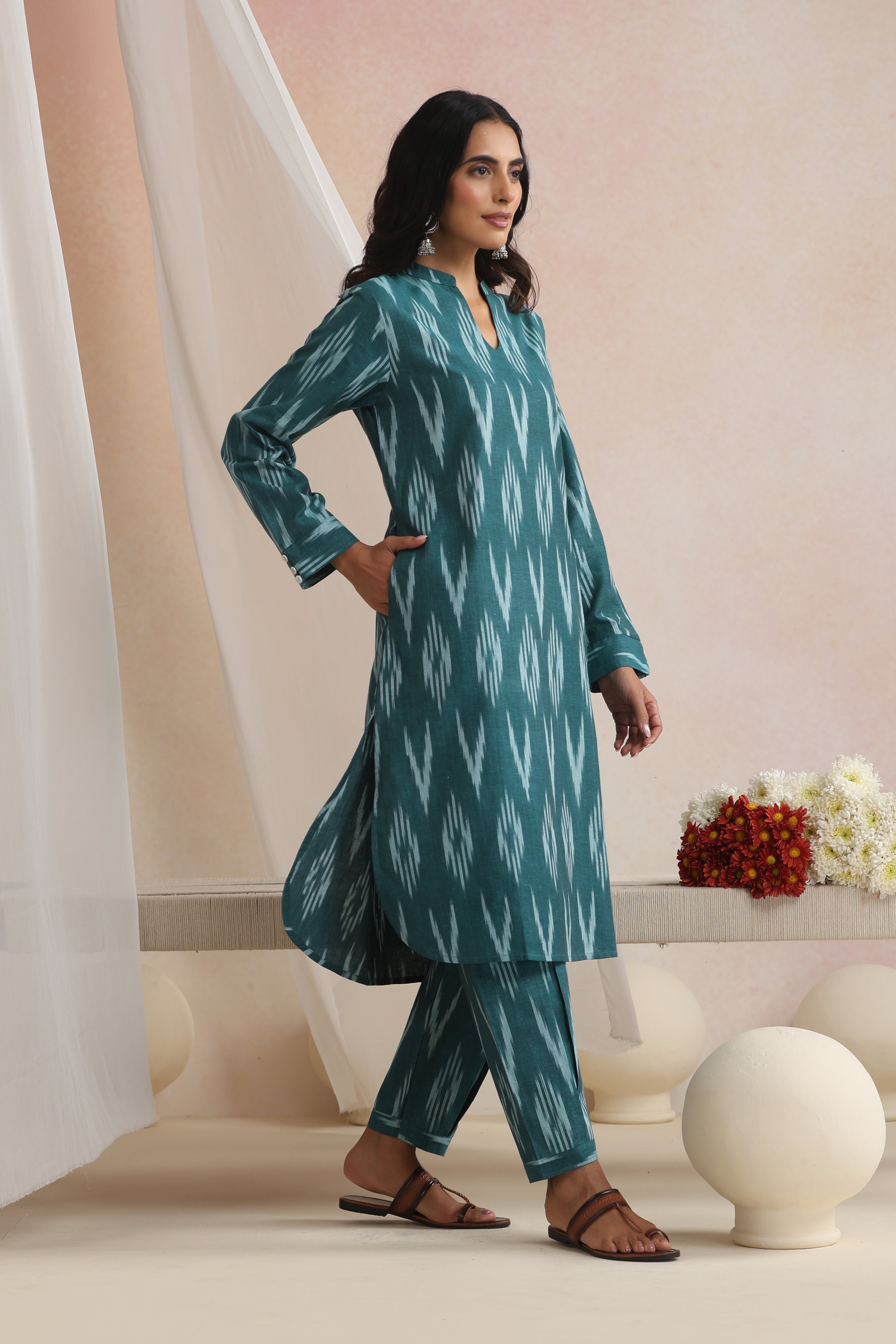 Green Liora Ikat Handloom Cotton Kurta Set of 2