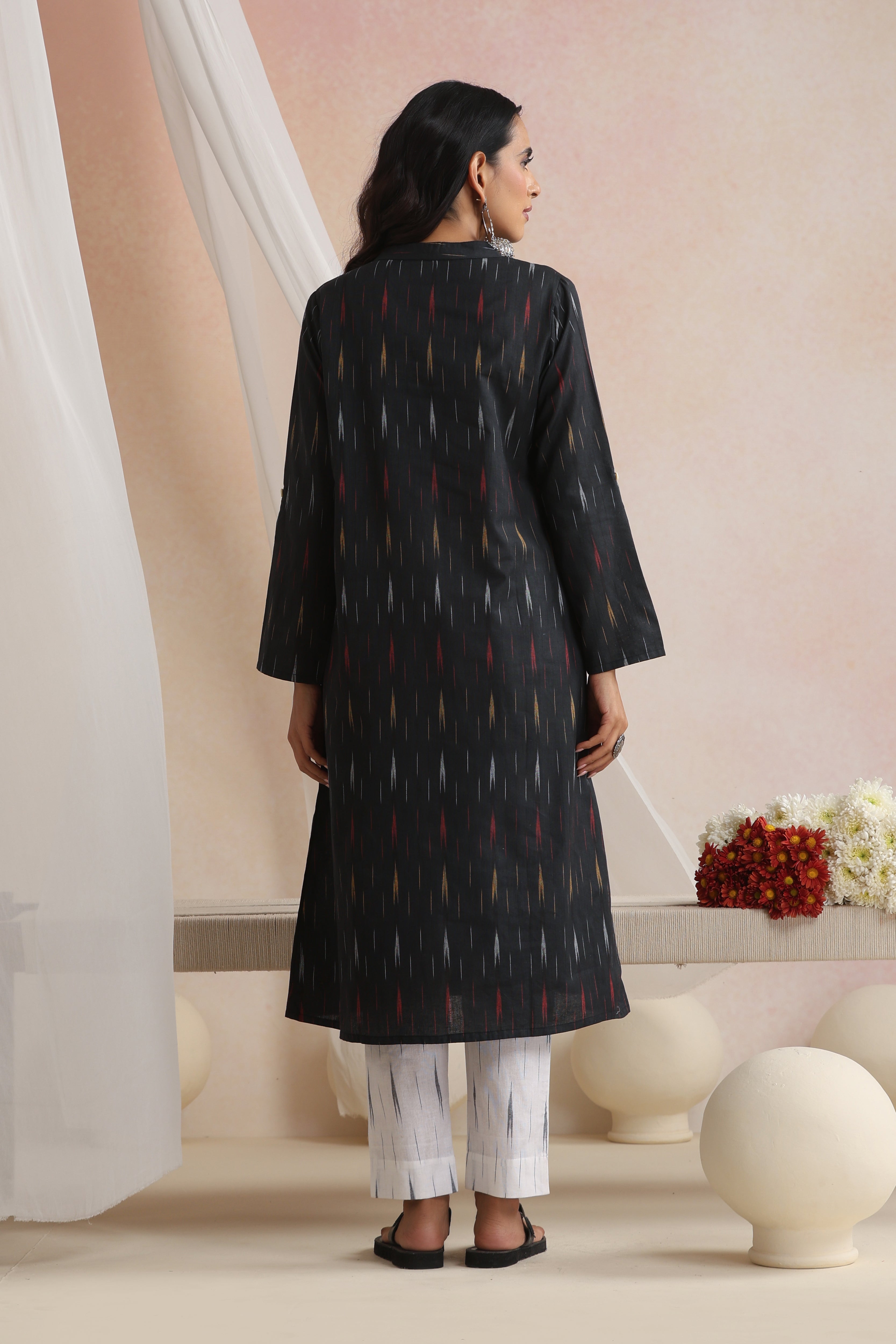 Black Eliza Ikat Handloom Cotton Kurta Set of 2