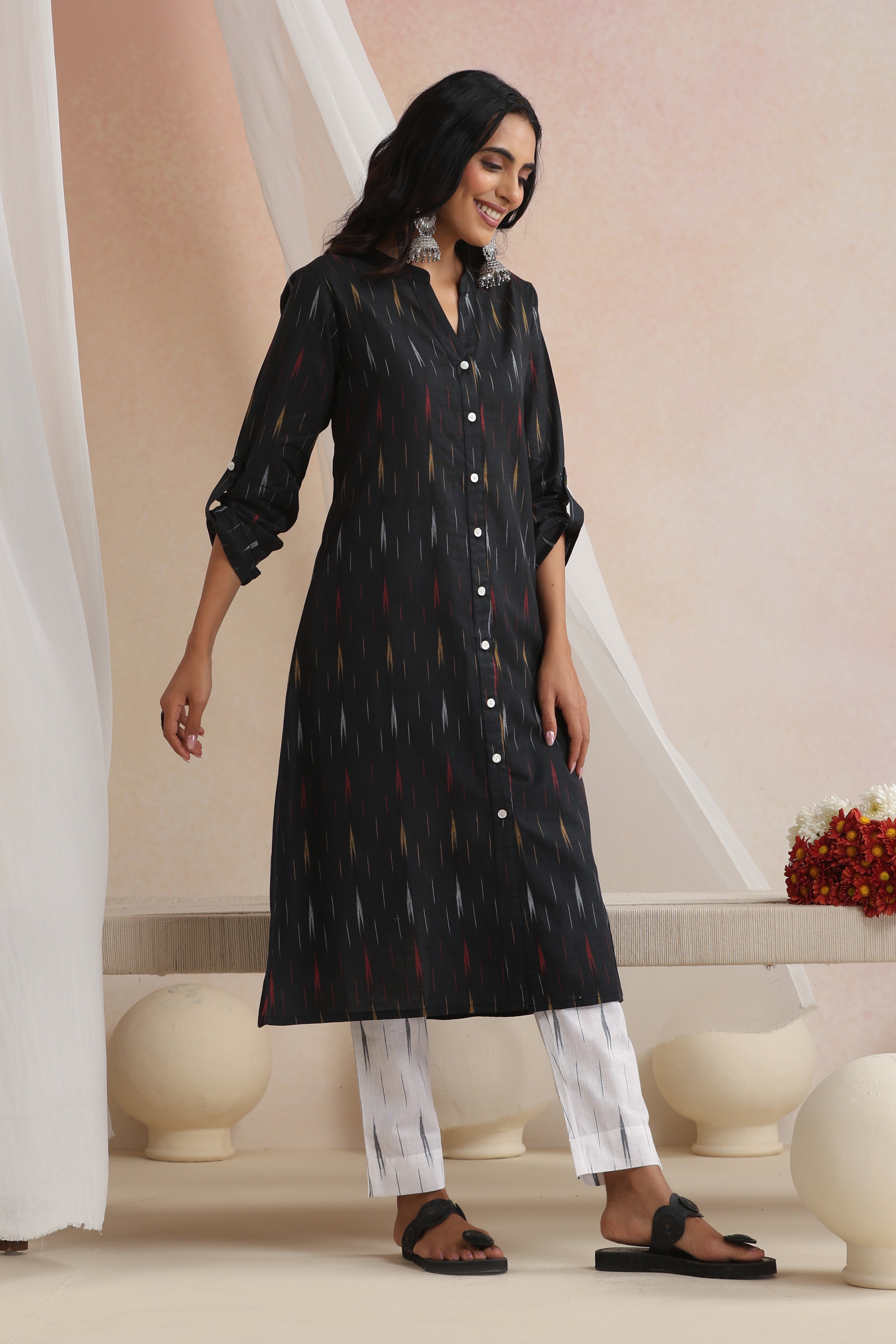 Black Eliza Ikat Handloom Cotton Kurta Set of 2