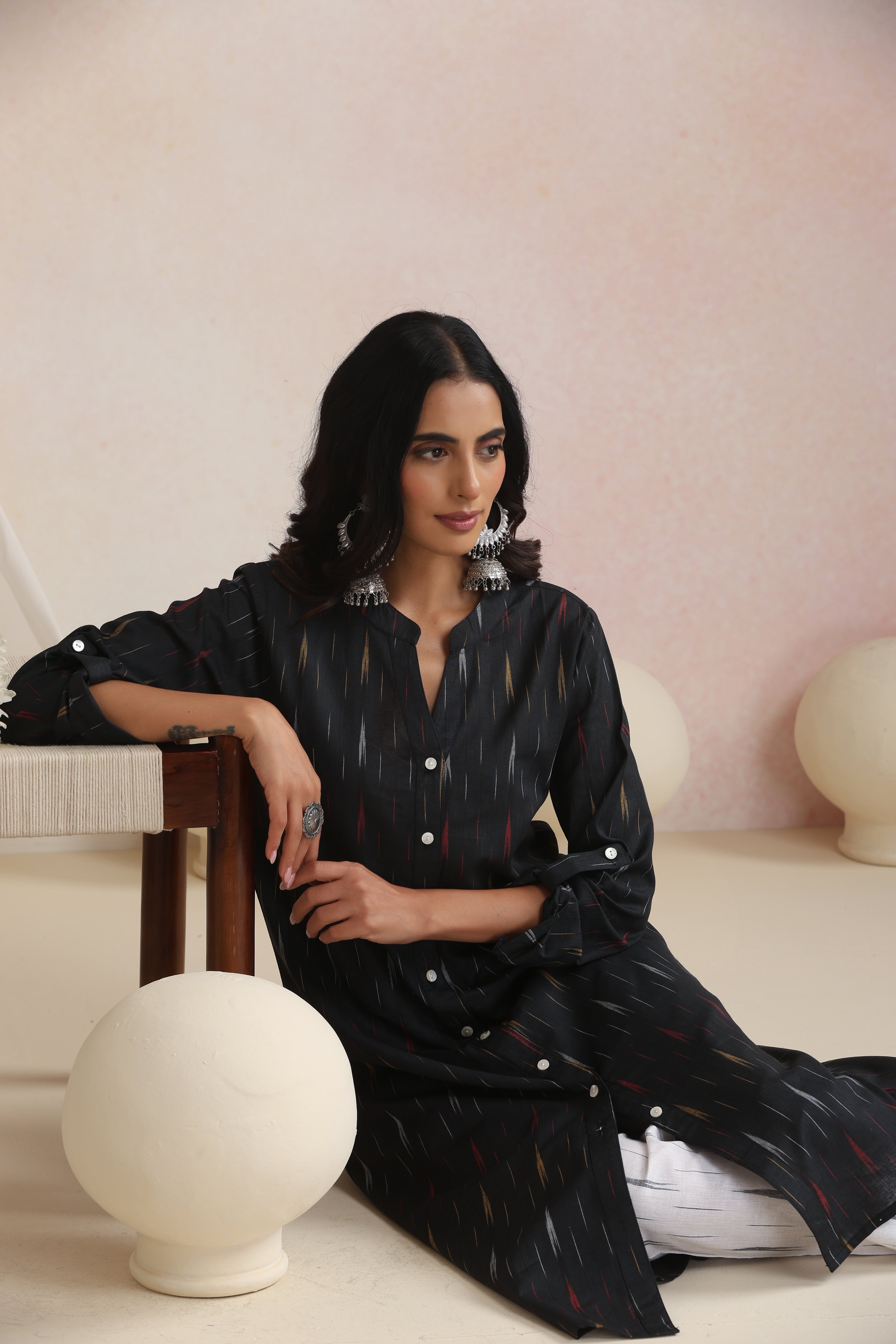 Black Eliza Ikat Handloom Cotton Kurta Set of 2