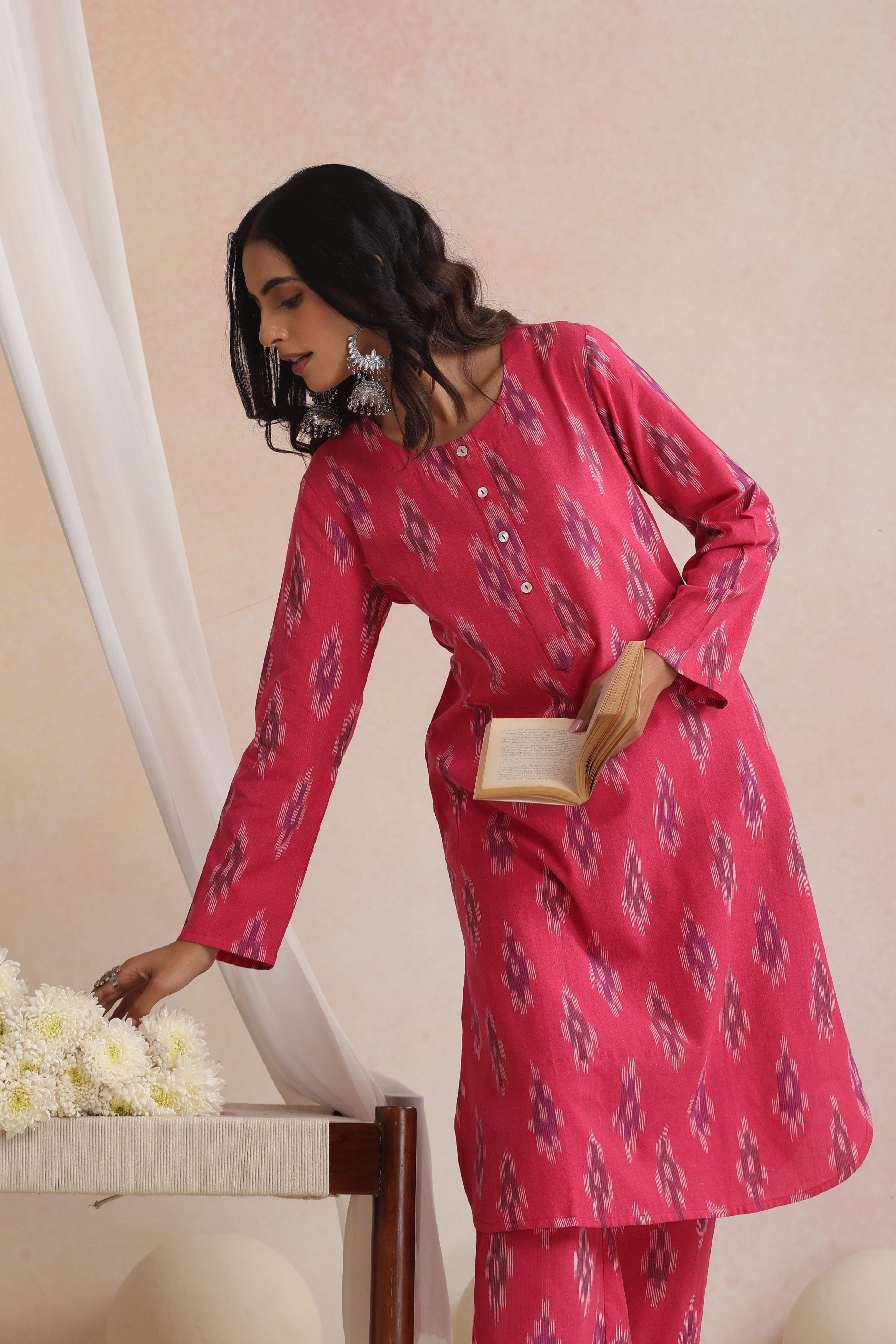 Pink Prisha Ikat Handloom Cotton Kurta Set of 2