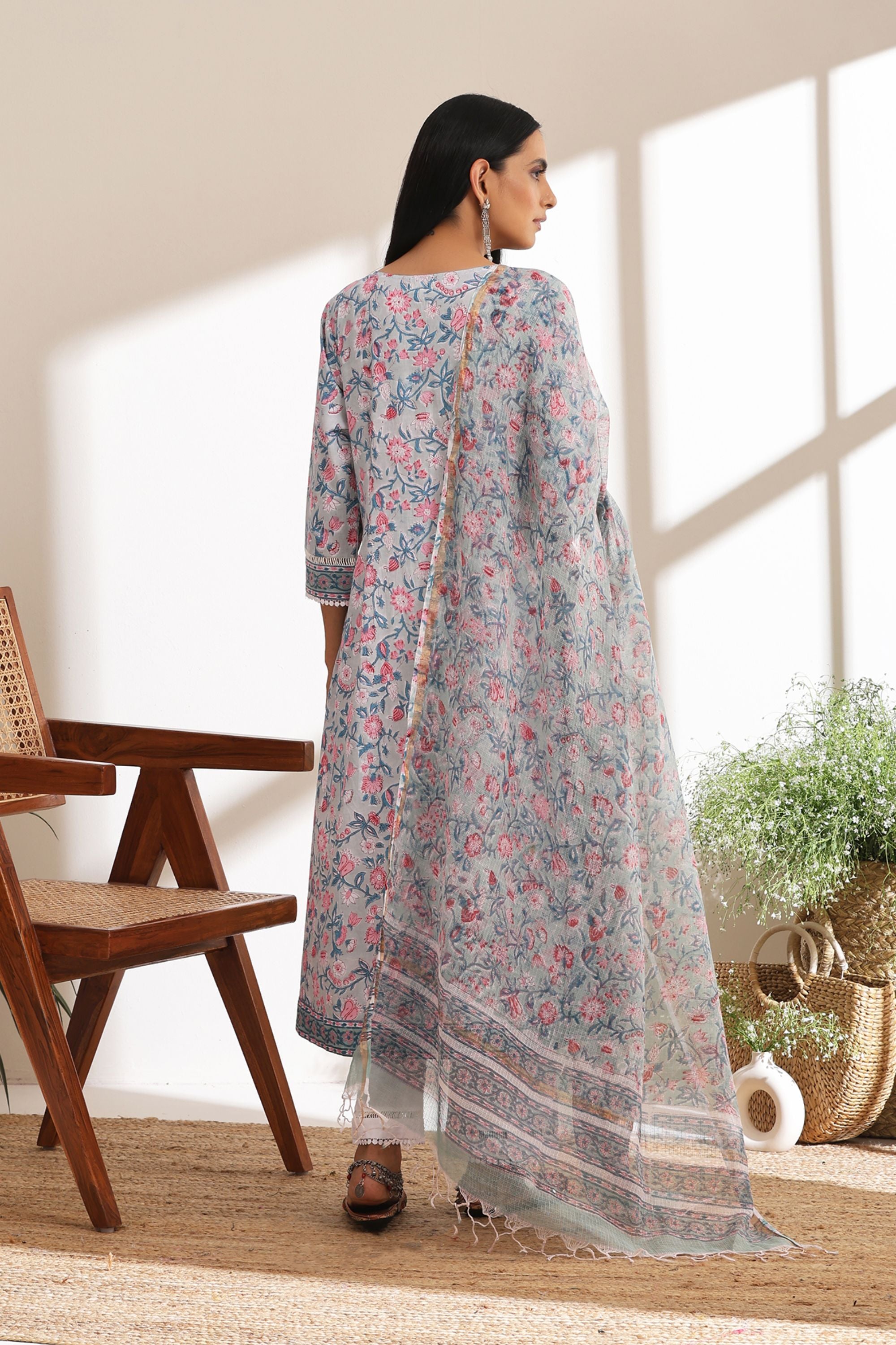 Pastel Blue Floral Pintucks Gathered Set of 3