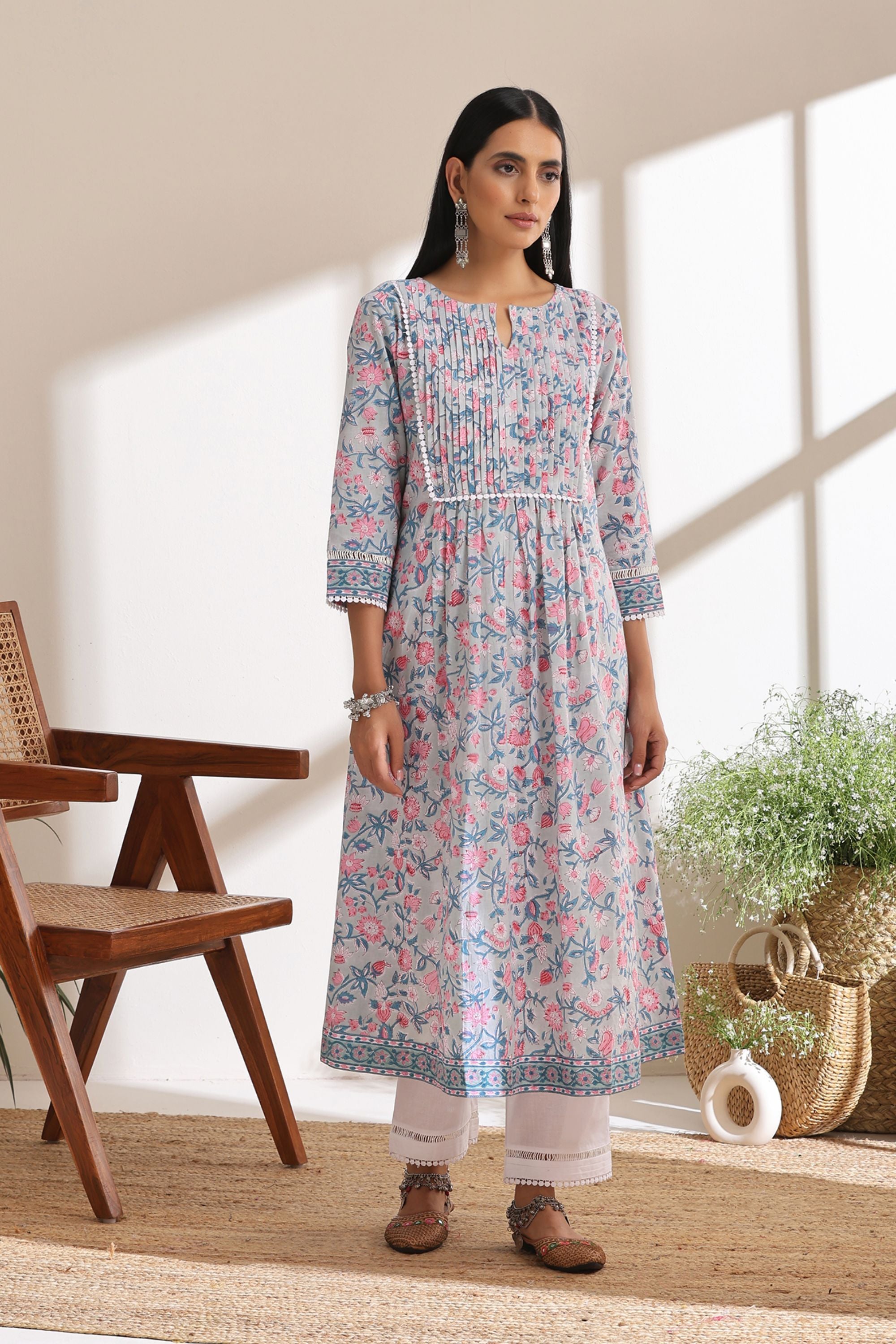 Pastel Blue Floral Pintucks Gathered Set of 3