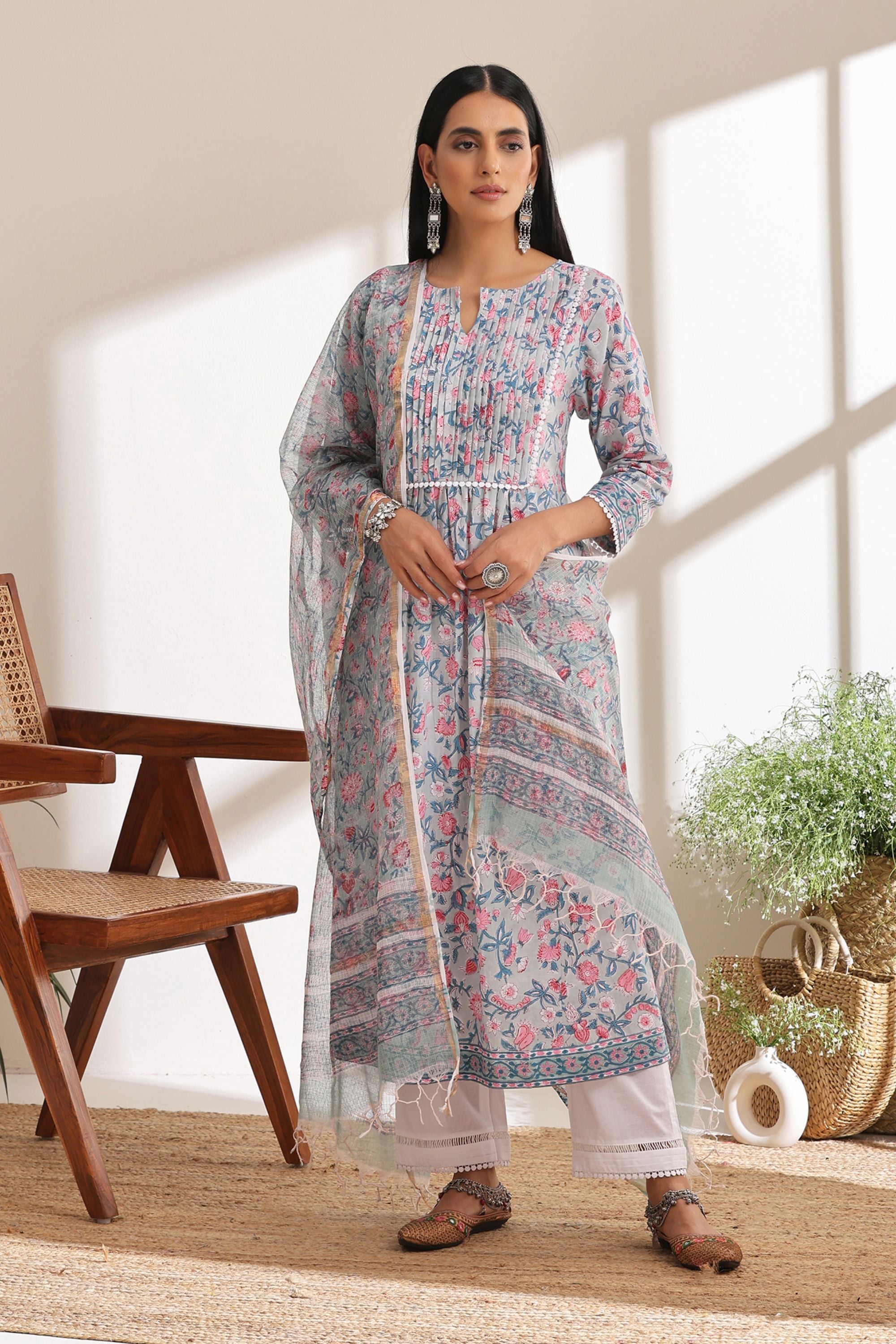 Pastel Blue Floral Pintucks Gathered Set of 3