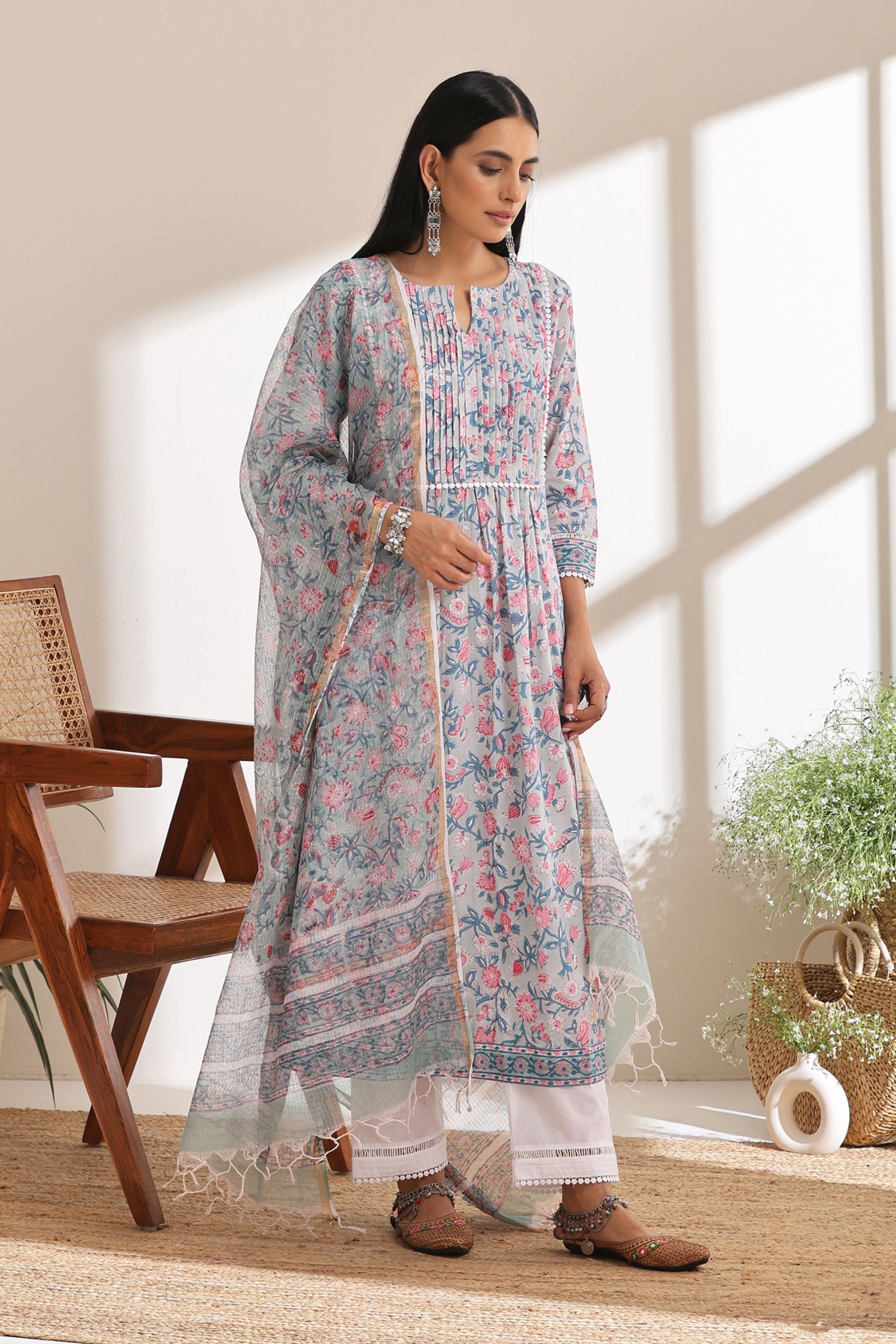 Pastel Blue Floral Pintucks Gathered Set of 3