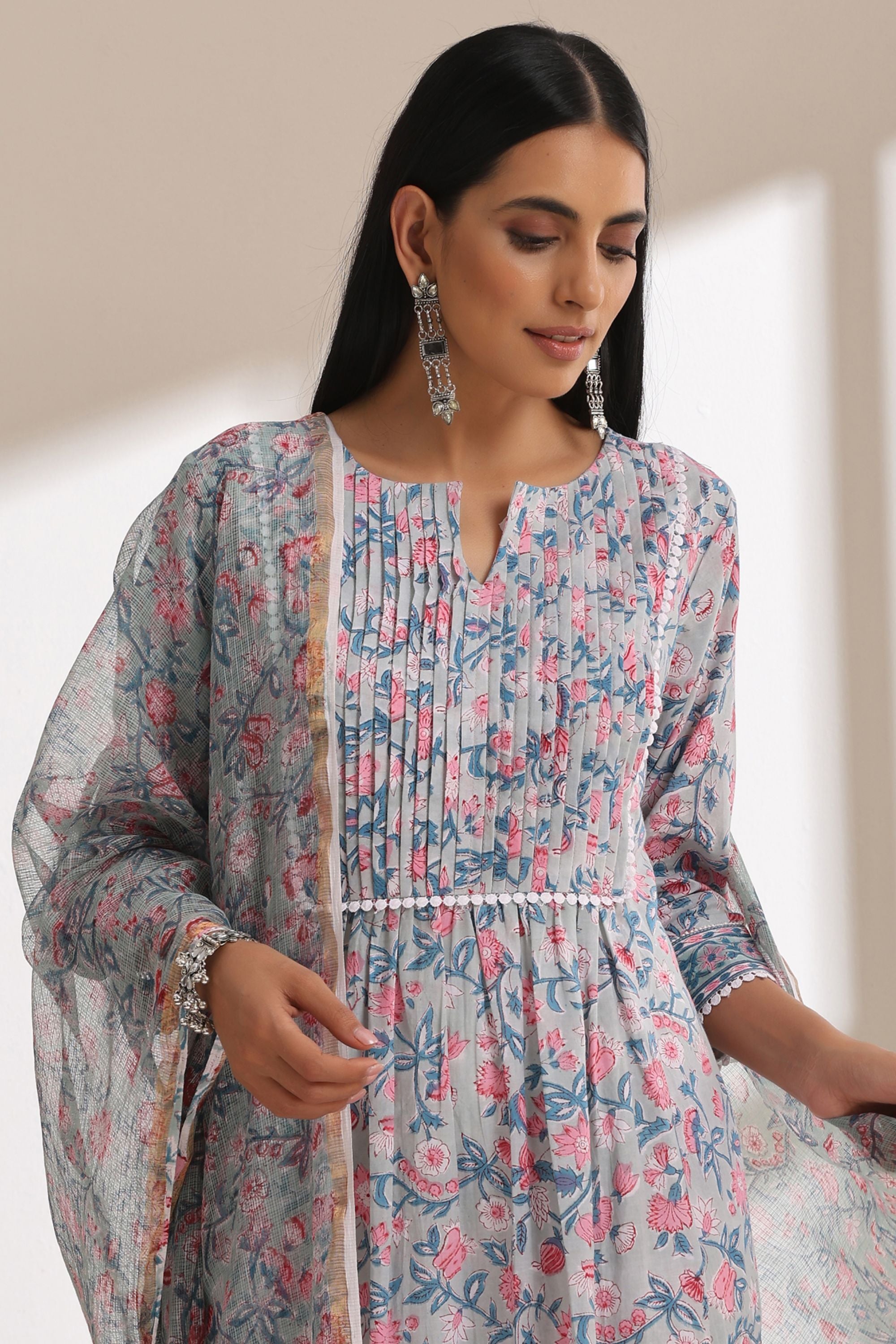 Pastel Blue Floral Pintucks Gathered Set of 3