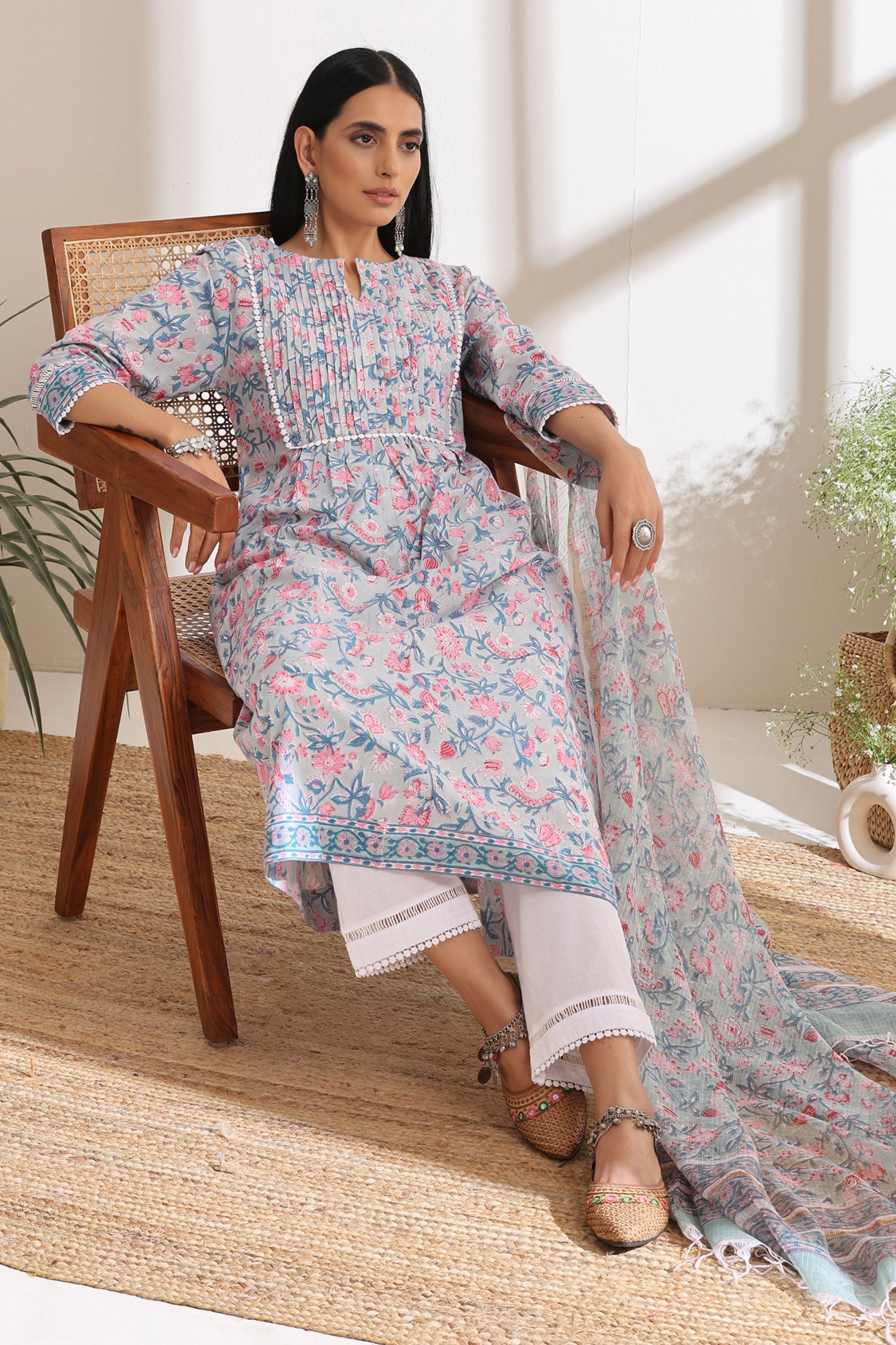 Pastel Blue Floral Pintucks Gathered Set of 3