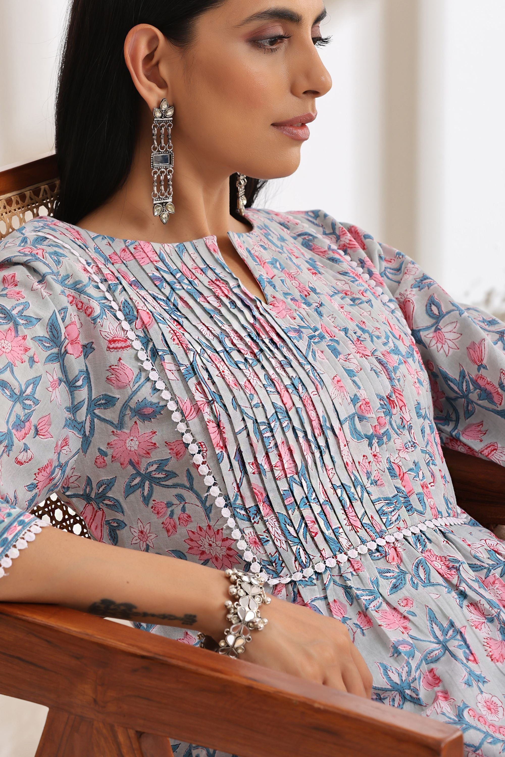 Pastel Blue Floral Pintucks Gathered Set of 3