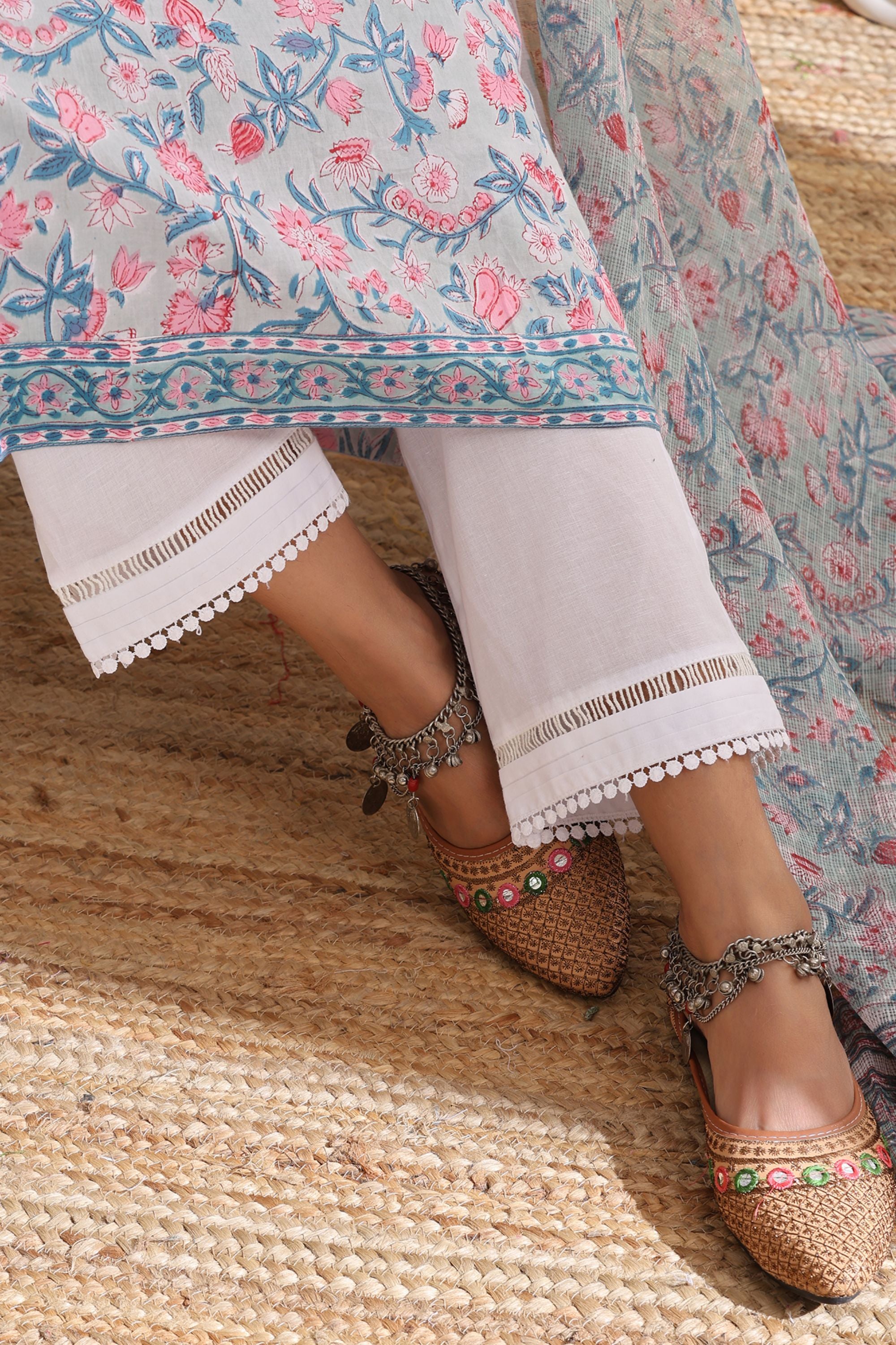 Pastel Blue Floral Pintucks Gathered Set of 3