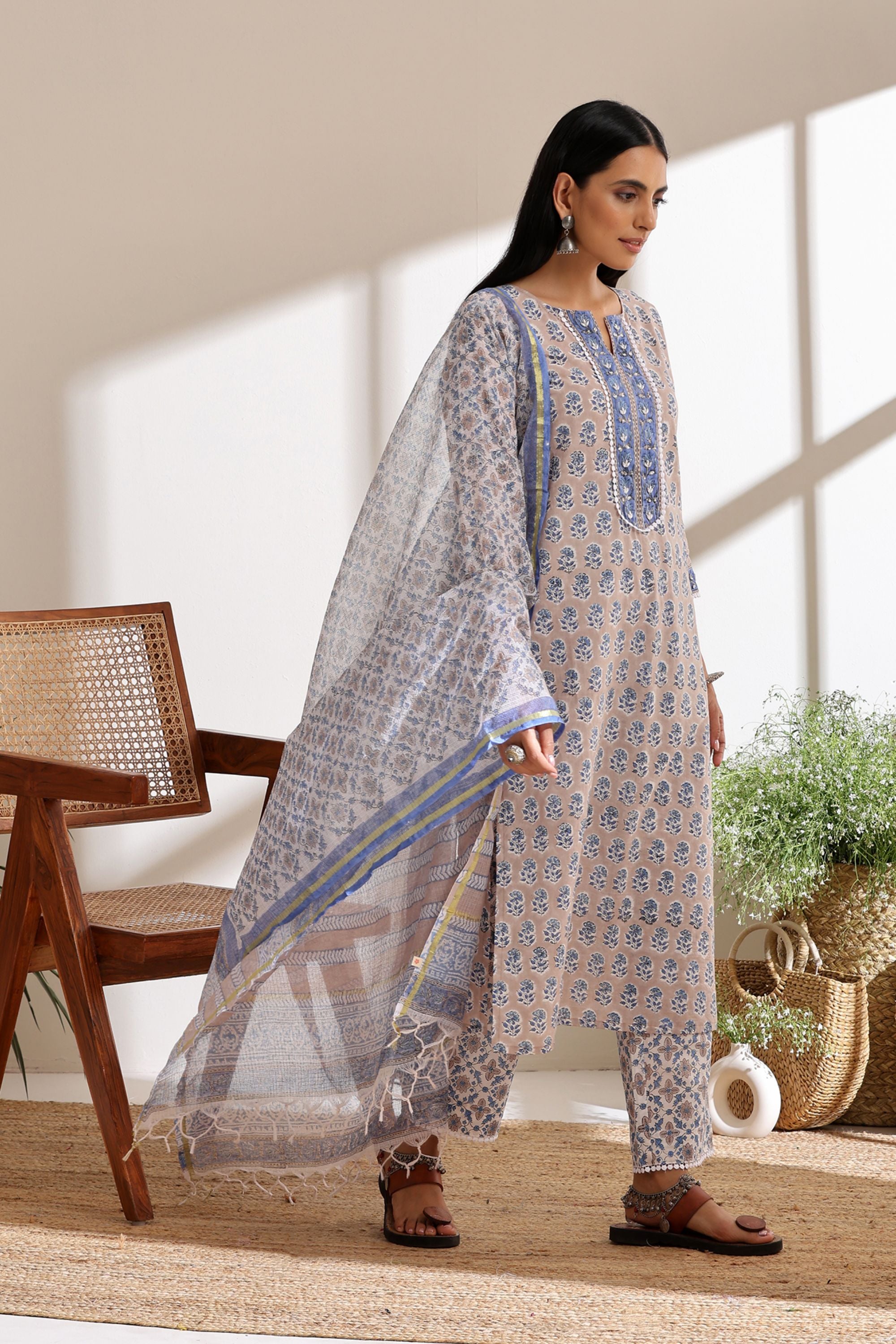 Ash Grey Pearl Embroidered Kurta Set of 3