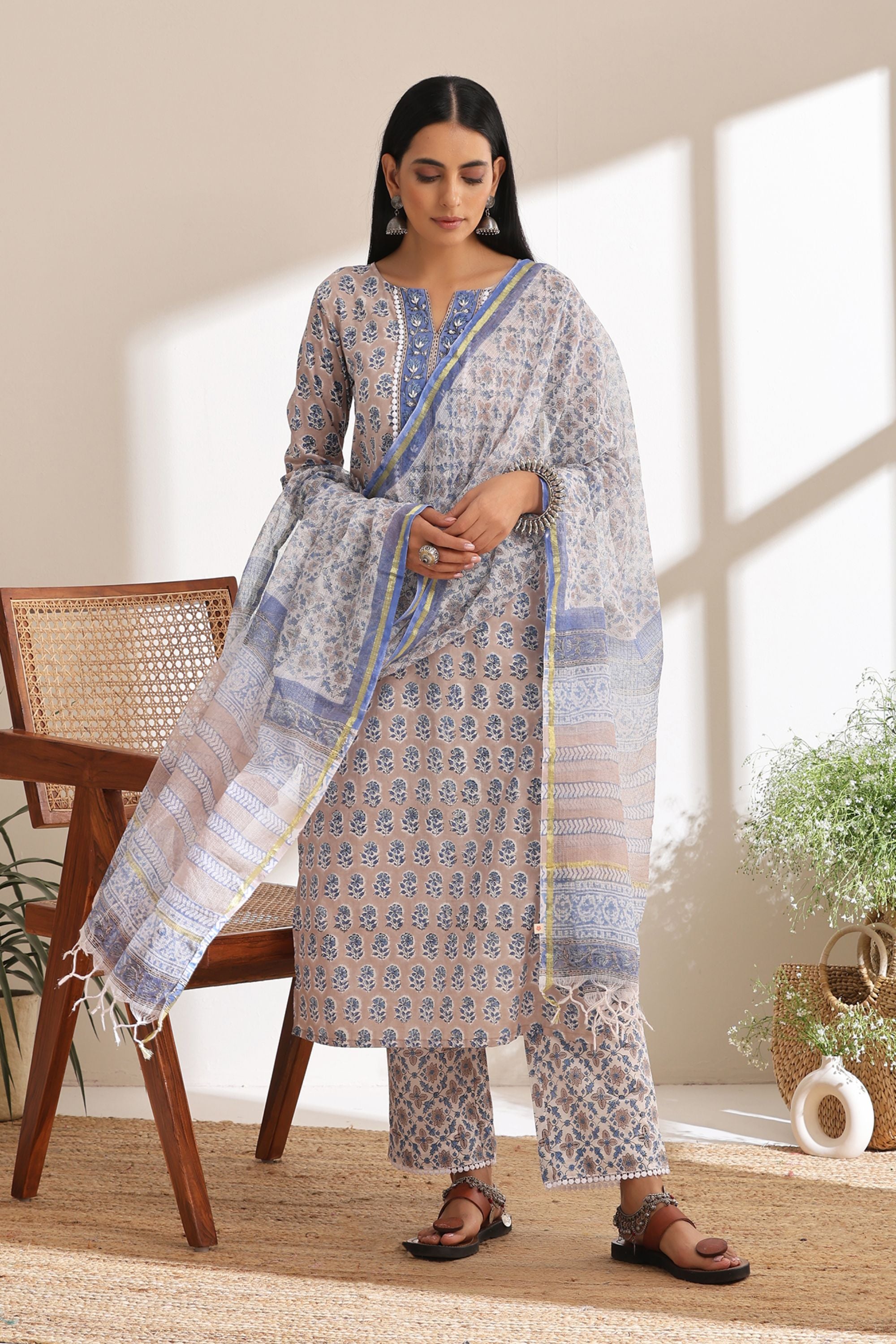 Ash Grey Pearl Embroidered Kurta Set of 3