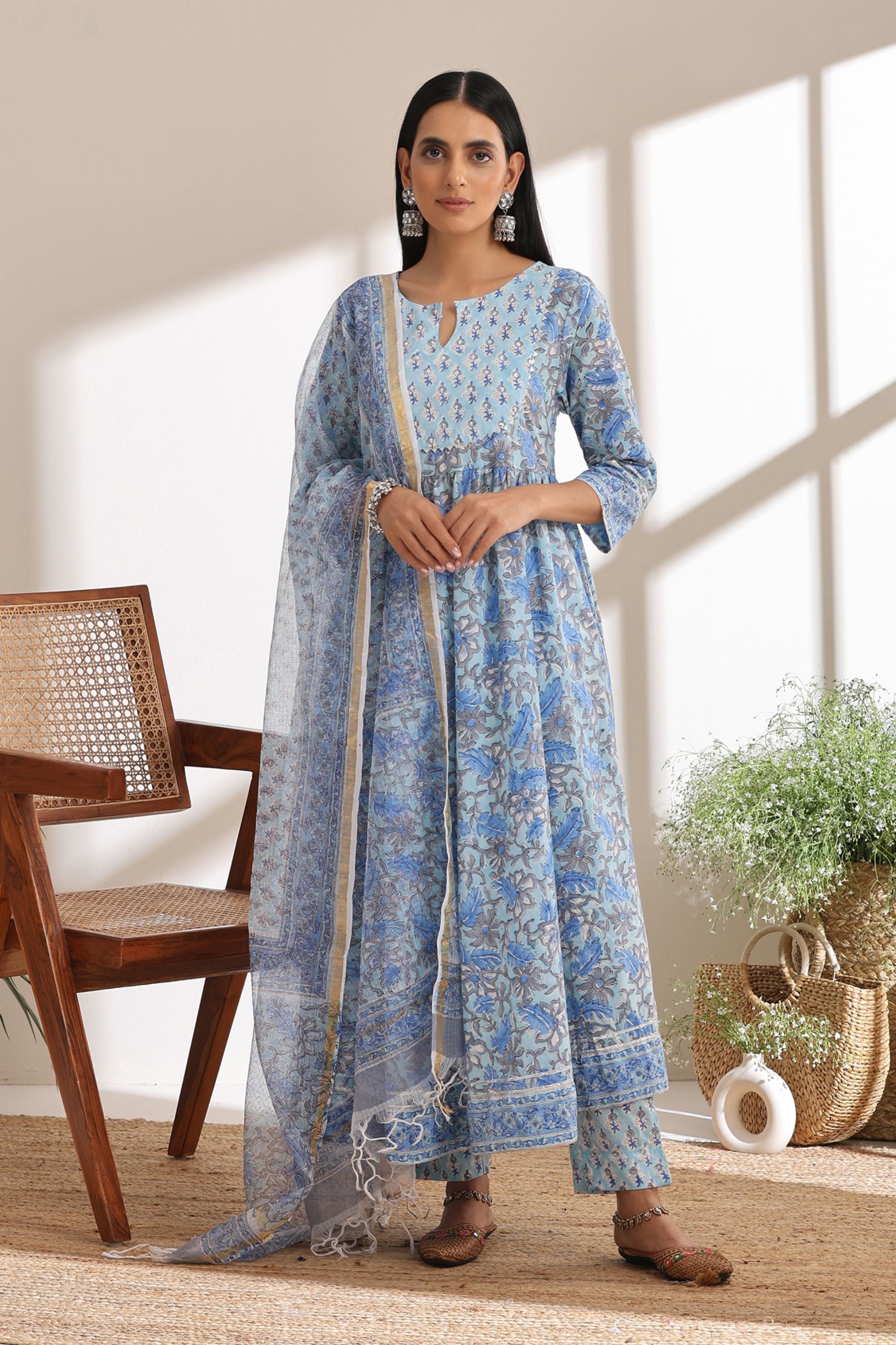 Powder Blue Embroidered Anarkali Set of 3