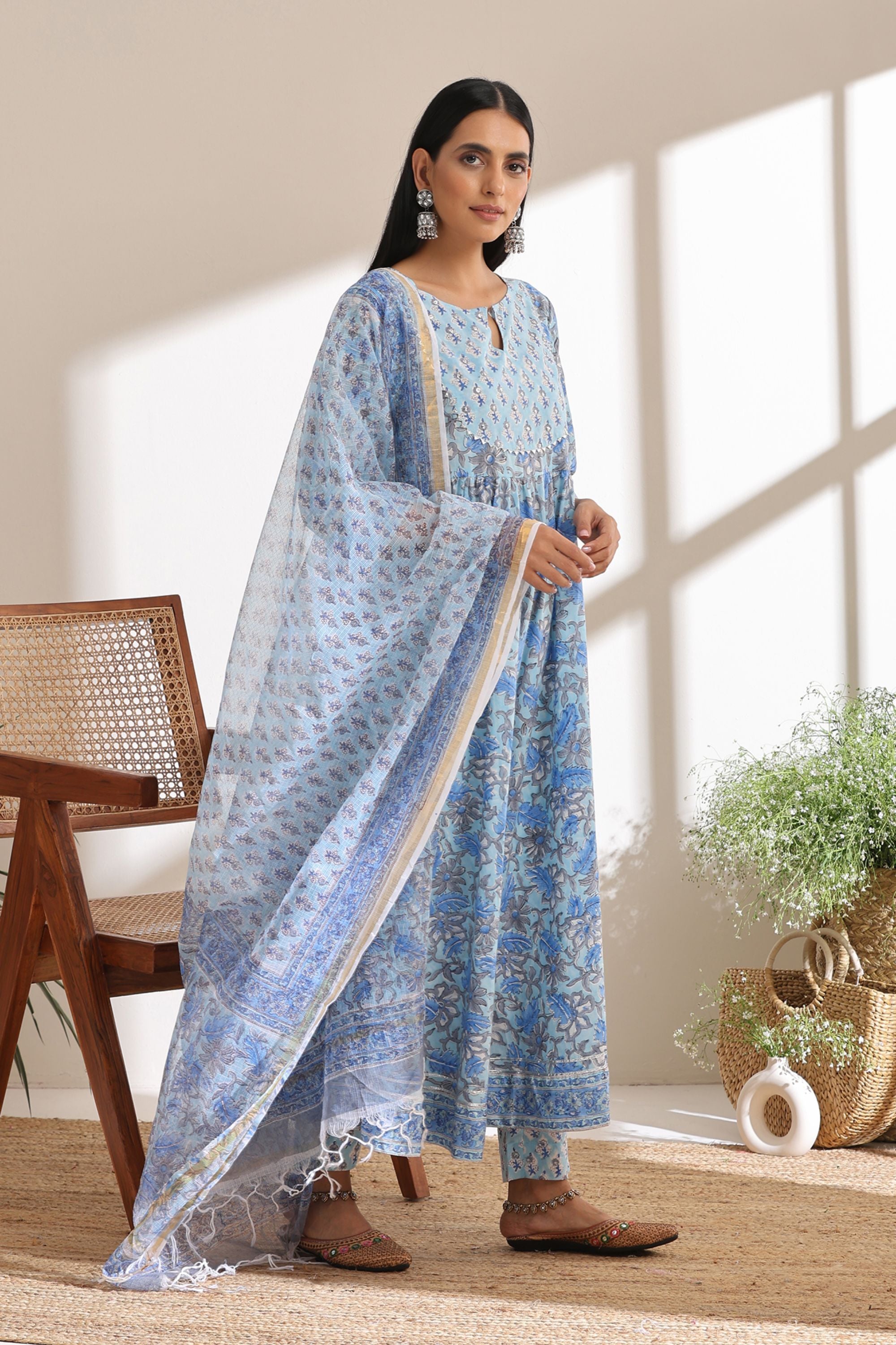 Powder Blue Embroidered Anarkali Set of 3