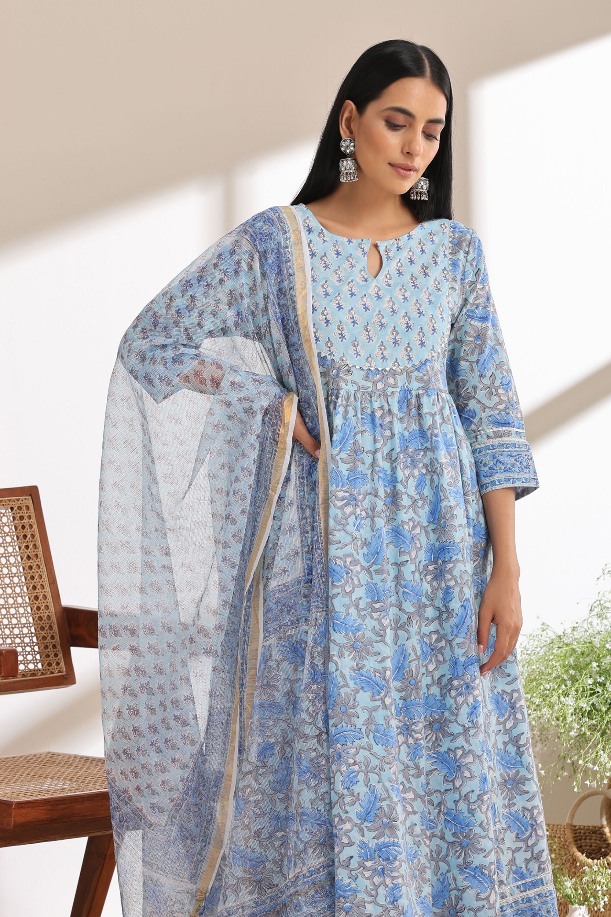 Powder Blue Embroidered Anarkali Set of 3