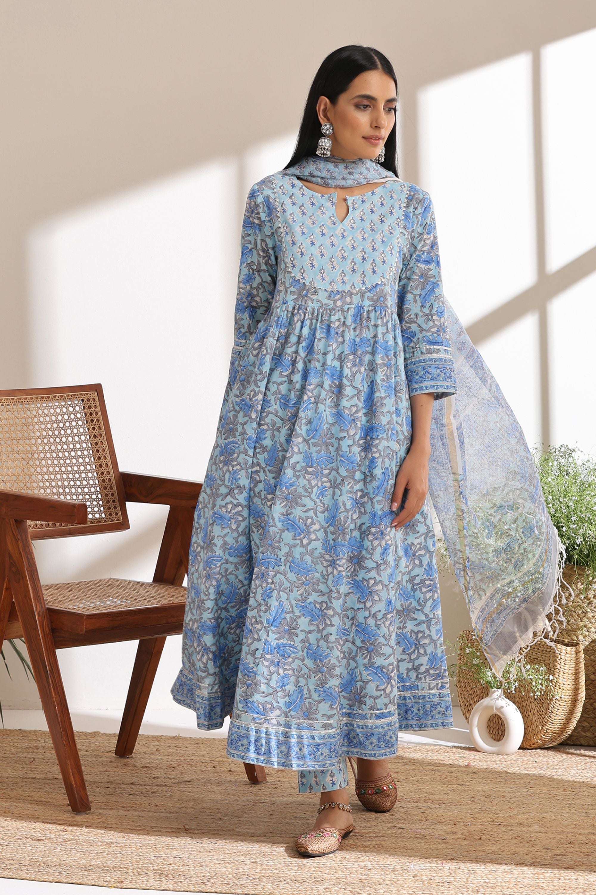 Powder Blue Embroidered Anarkali Set of 3