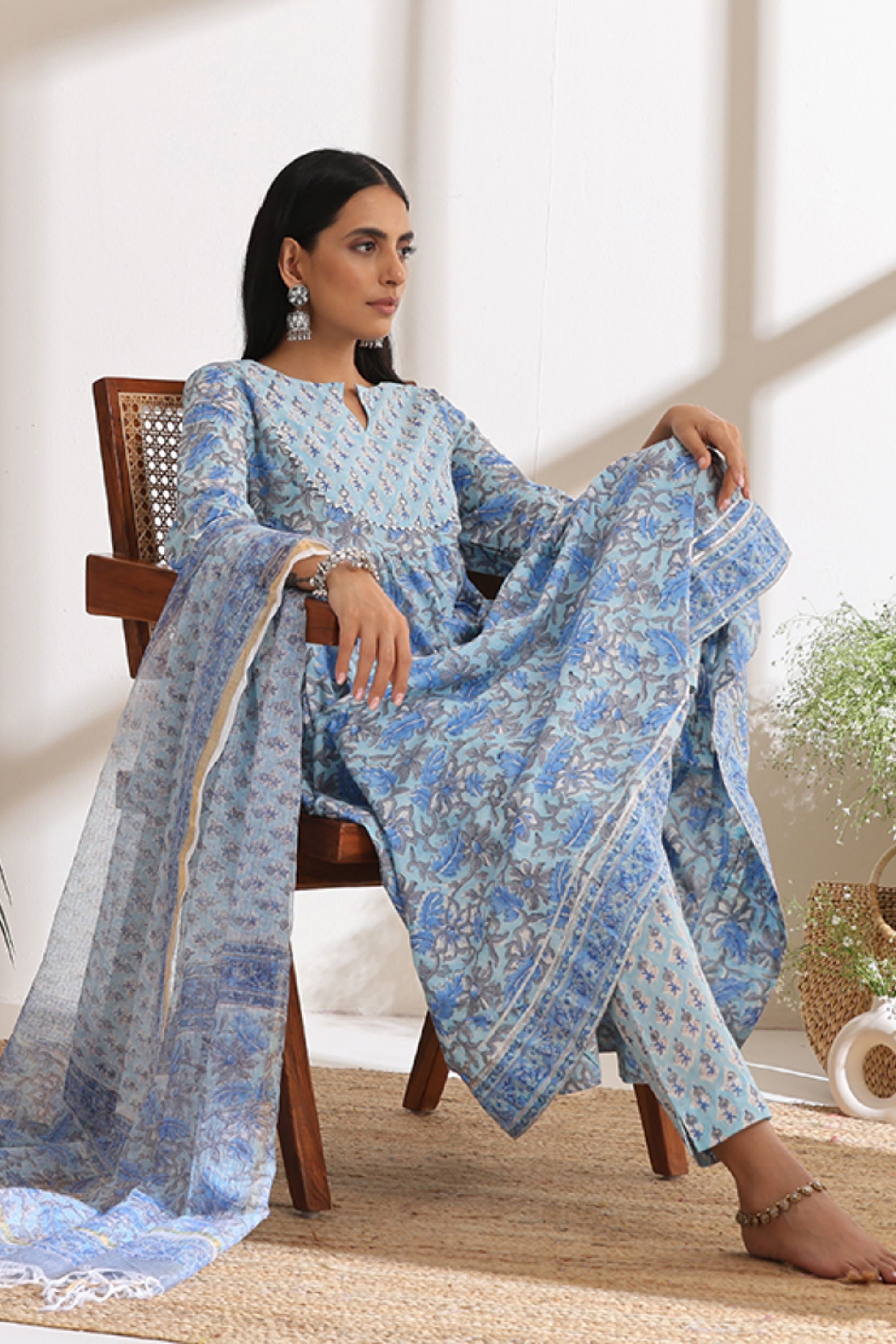 Powder Blue Embroidered Anarkali Set of 3