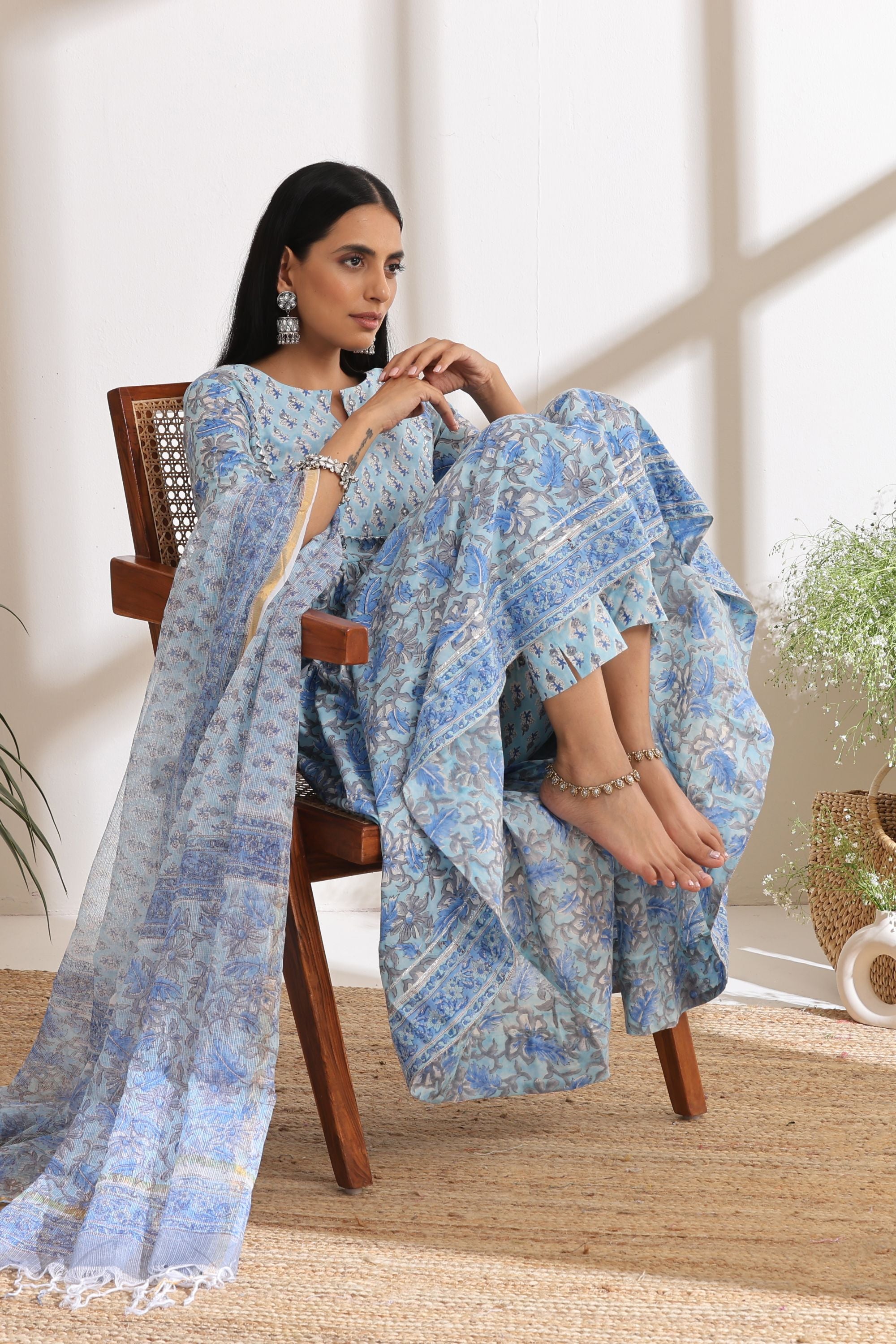 Powder Blue Embroidered Anarkali Set of 3