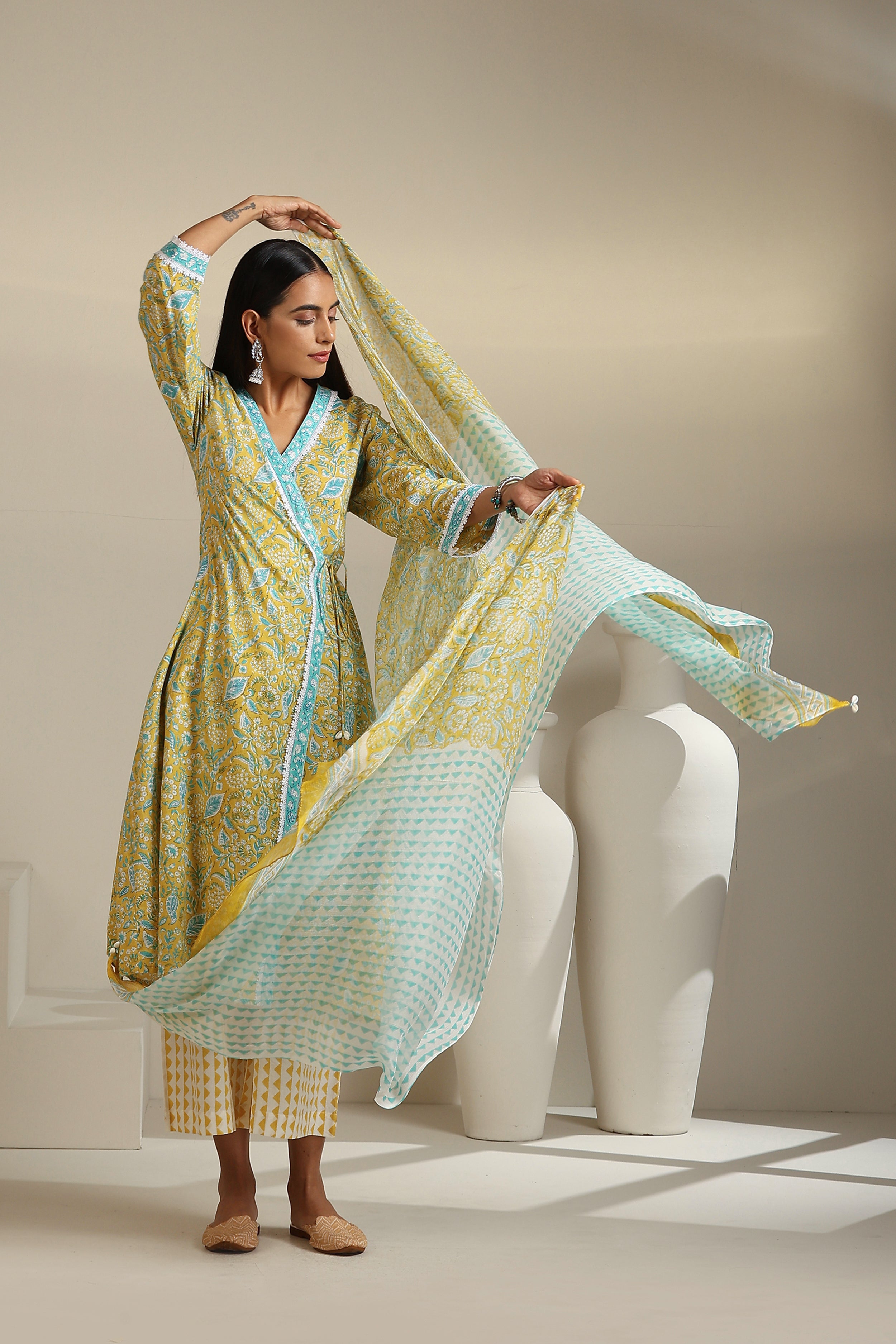 Canary Yellow Floral Angrakha Set of 3