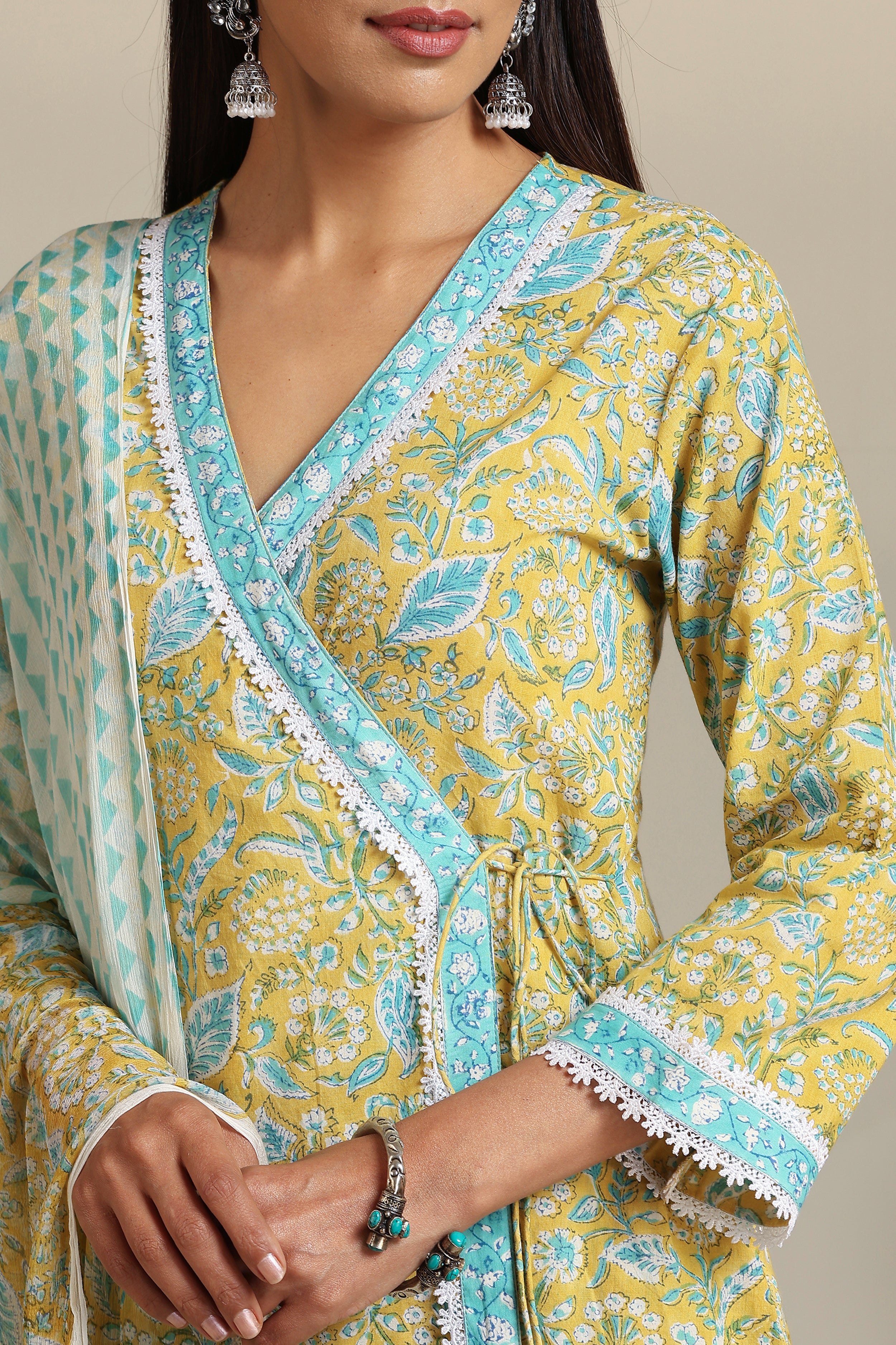 Canary Yellow Floral Angrakha Set of 3