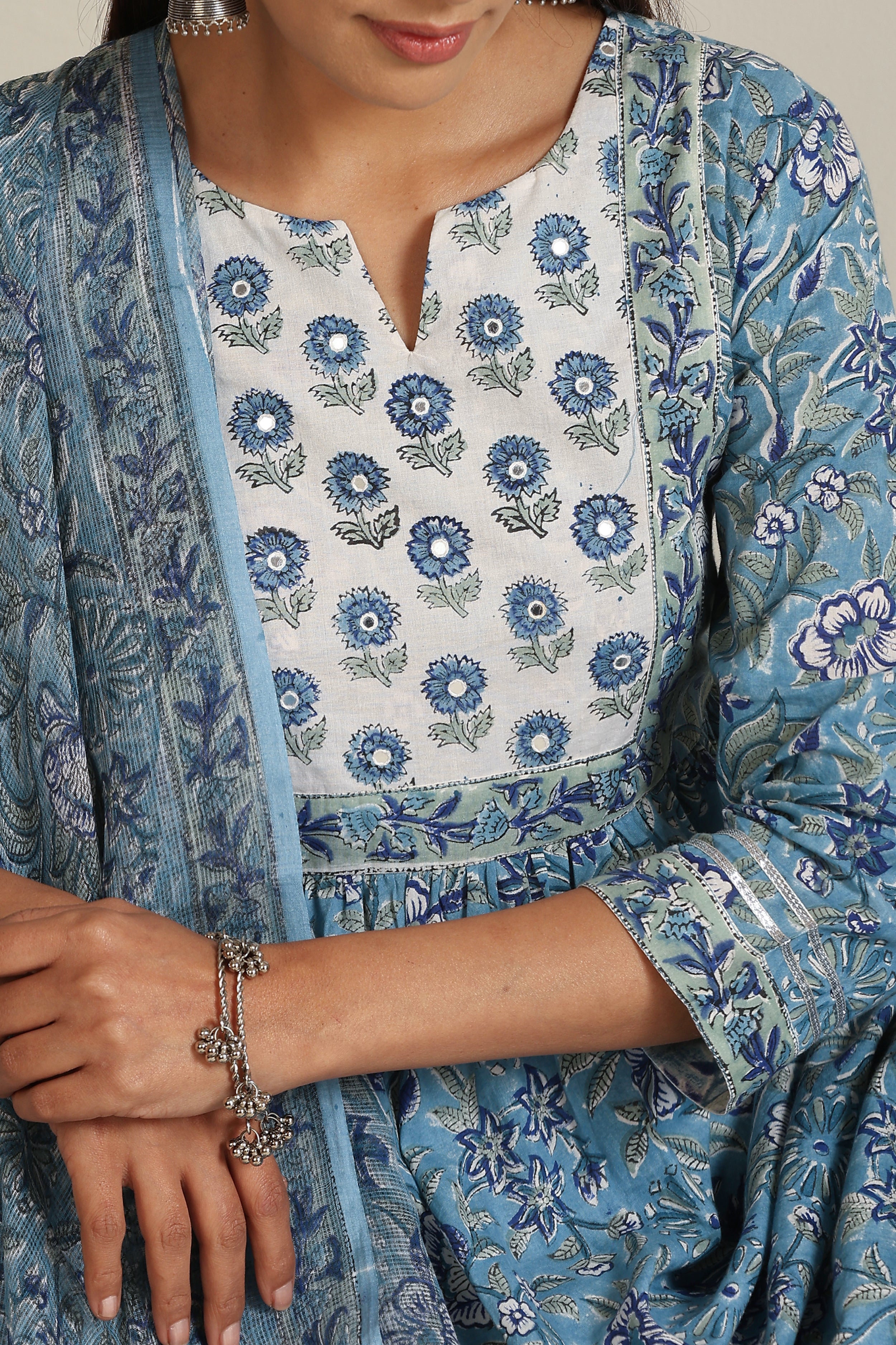 Azure Blue Mirrorwork Anarkali Set of 3