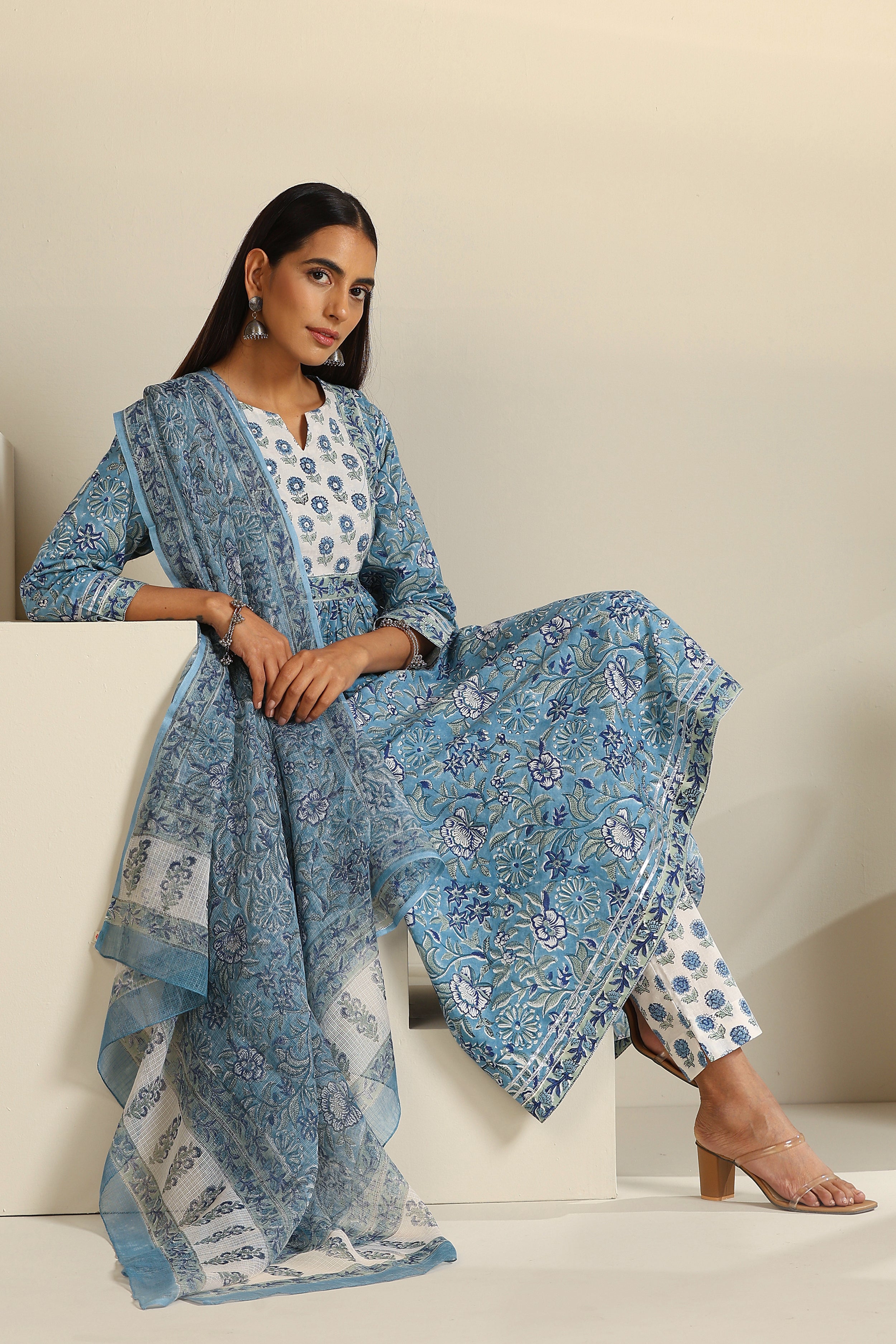 Azure Blue Mirrorwork Anarkali Set of 3