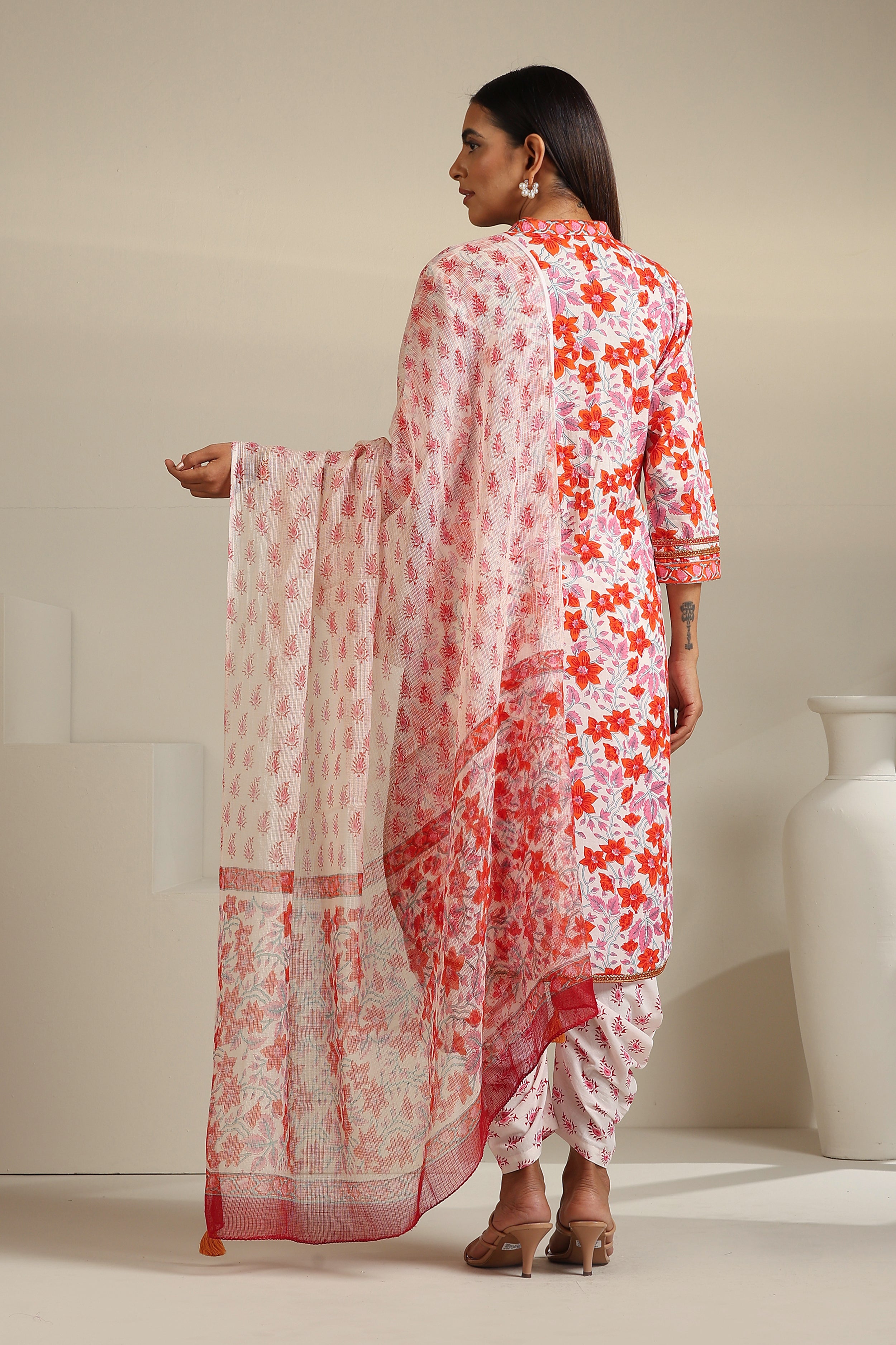 Tangerine Floral Kurta Set of 3