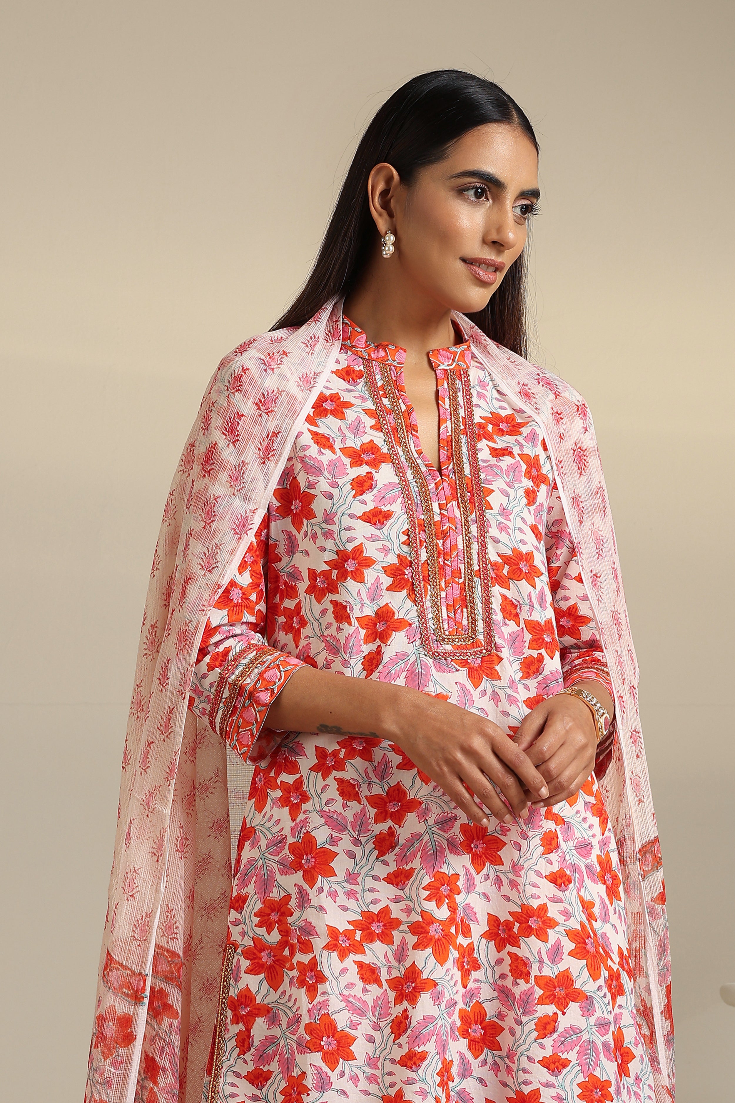 Tangerine Floral Kurta Set of 3