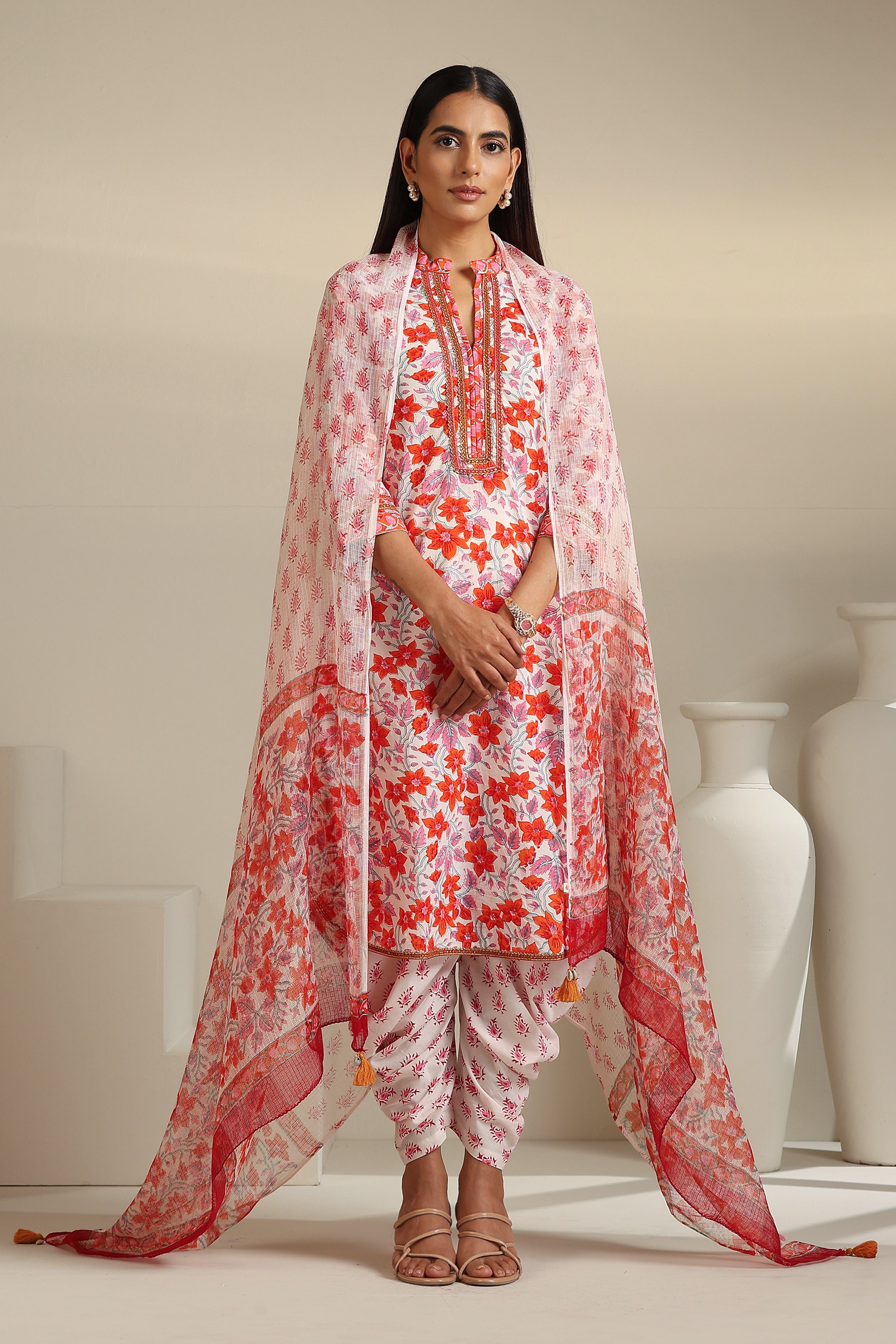 Tangerine Floral Kurta Set of 3
