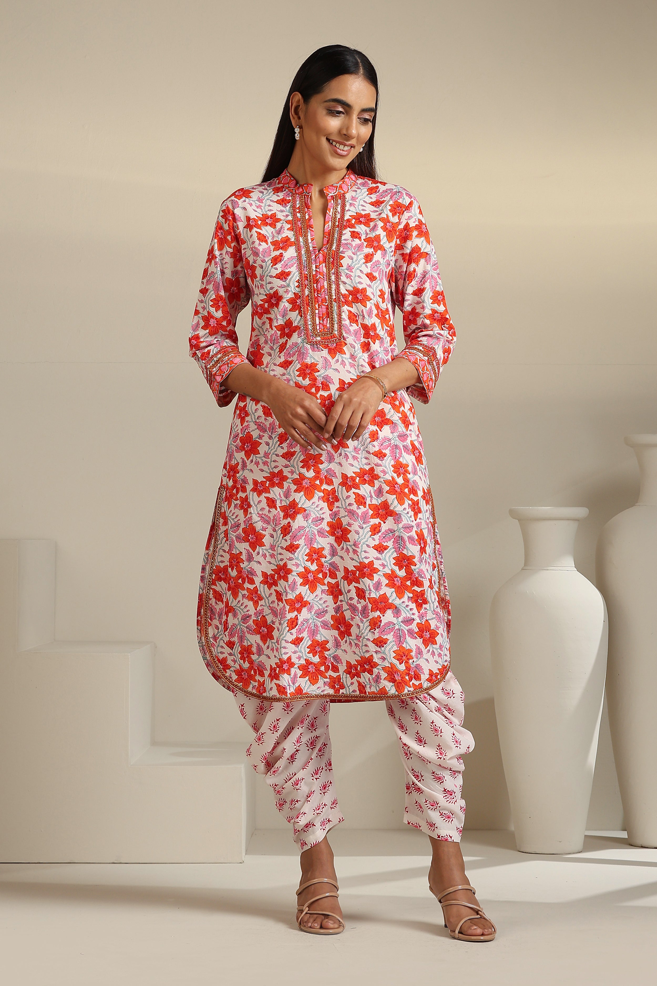 Tangerine Floral Kurta Set of 3