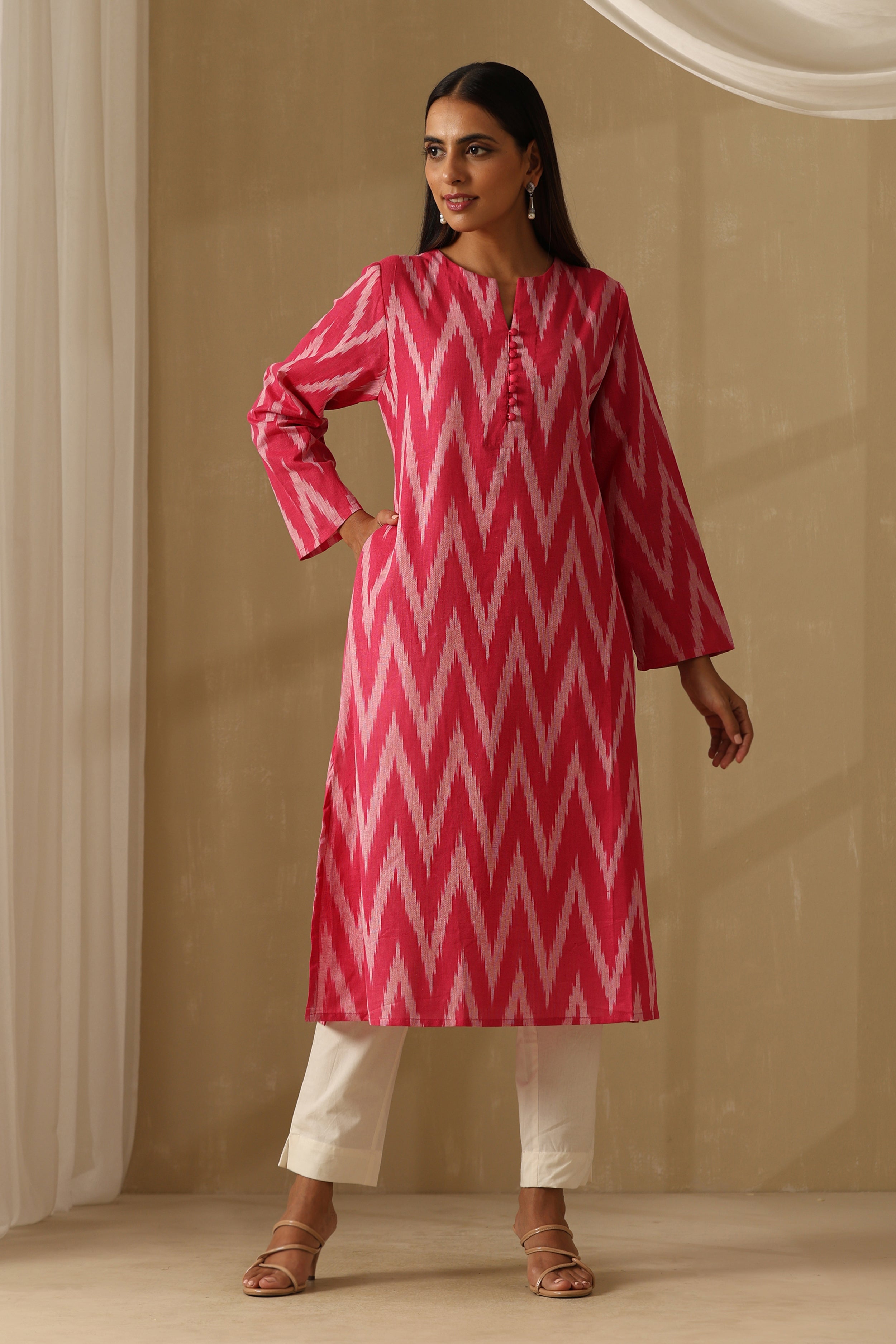 Camellia Pink Ikat Handloom Cotton Kurta Set of 2