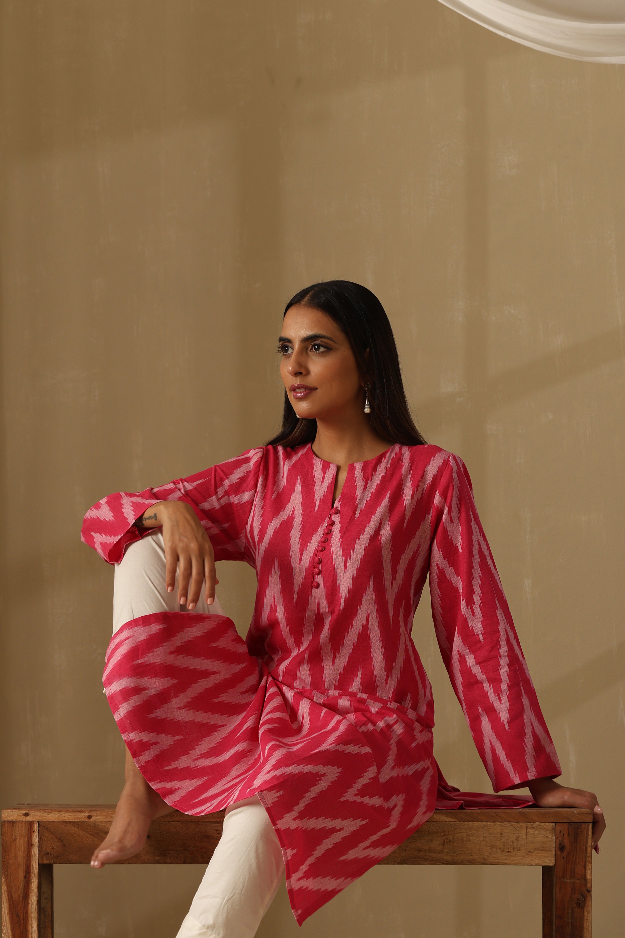 Camellia Pink Ikat Handloom Cotton Kurta Set of 2