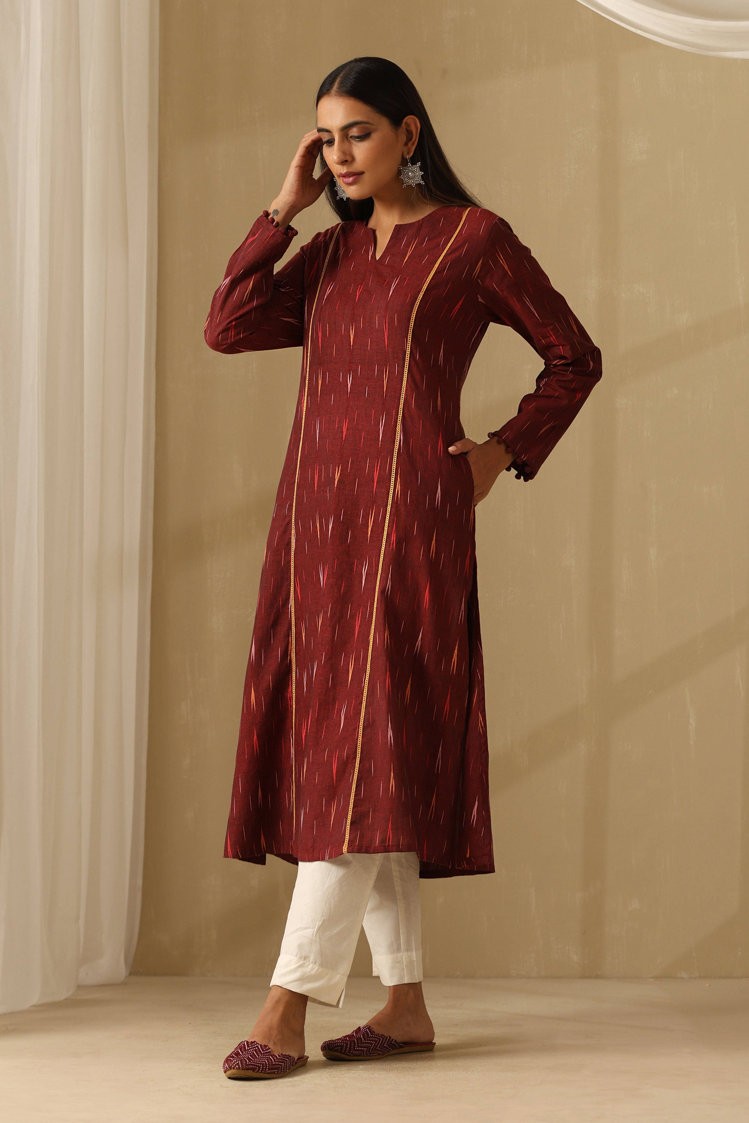Siam Burgundy Ikat Handloom Cotton Kurta Set of 2