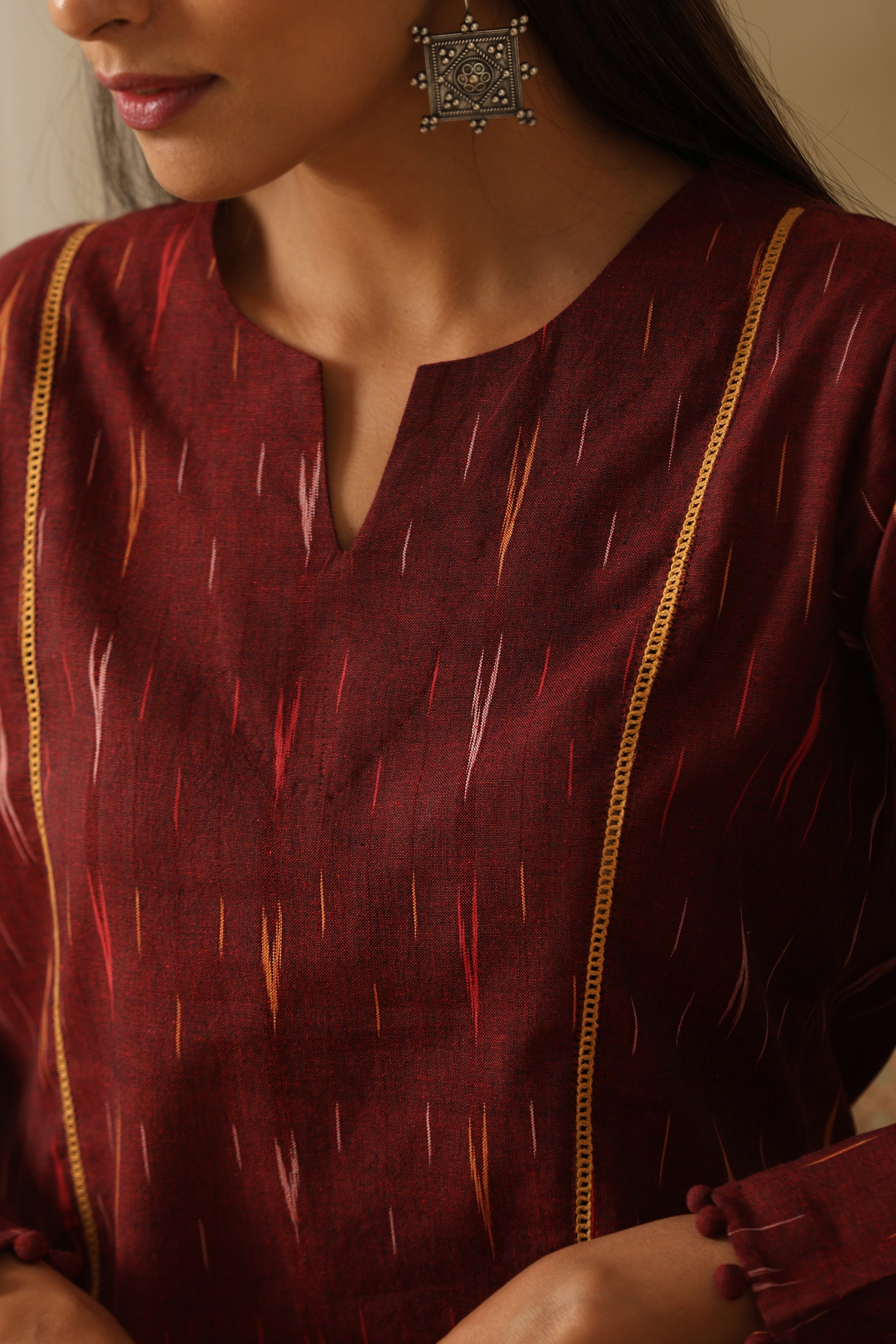 Siam Burgundy Ikat Handloom Cotton Kurta Set of 2