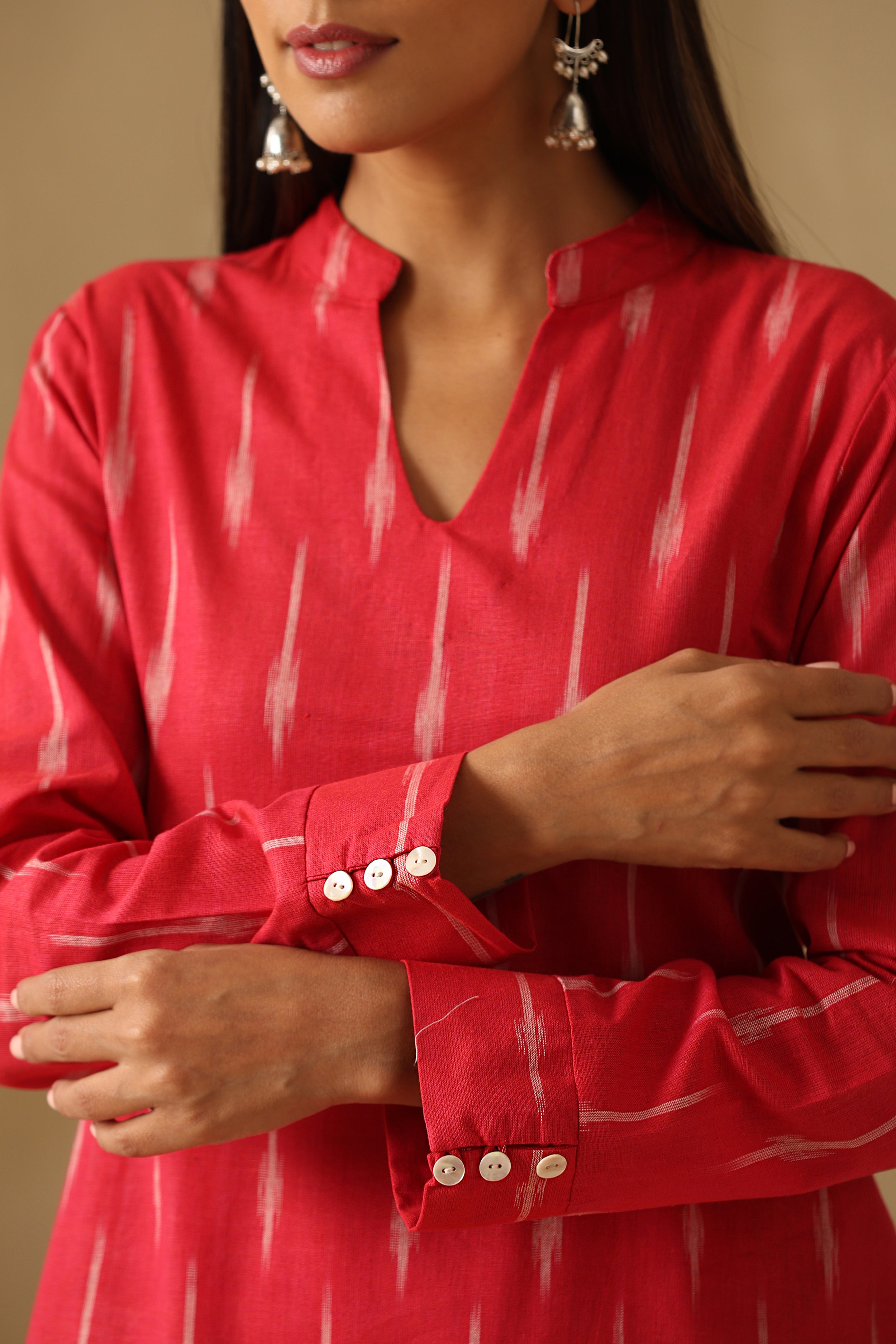 Raspberry Pink Ikat Handloom Cotton Kurta Set of 2