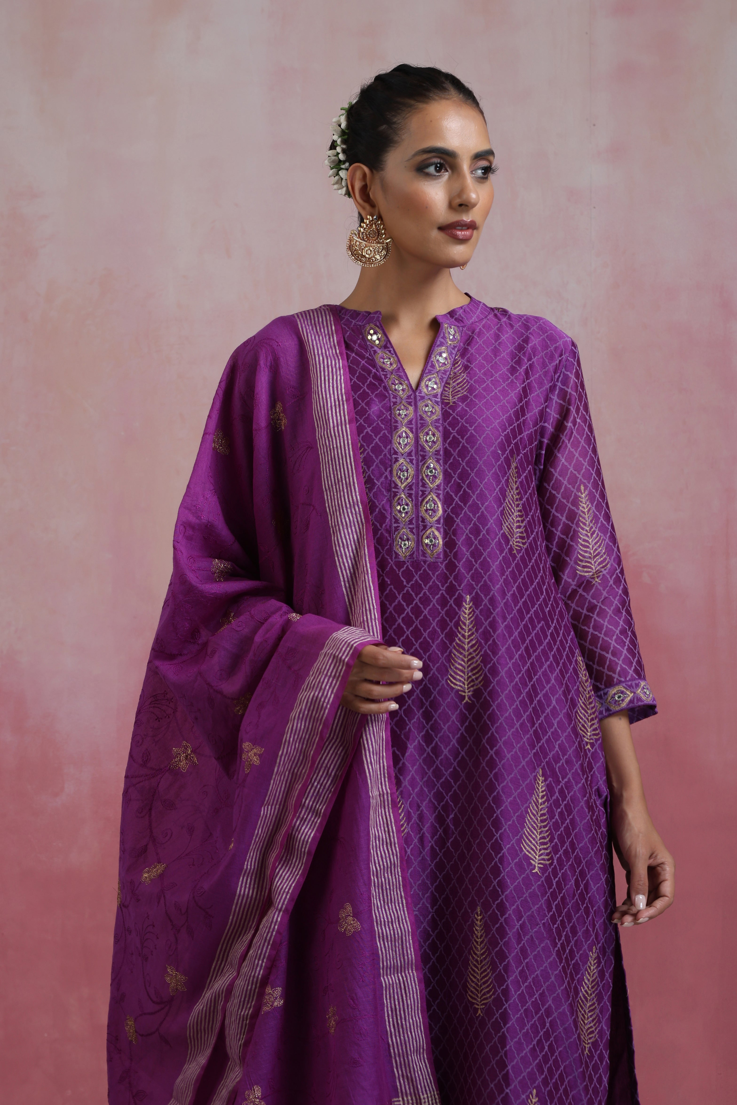 Purple Merlin Embroidered Chanderi Kurta Set of 3