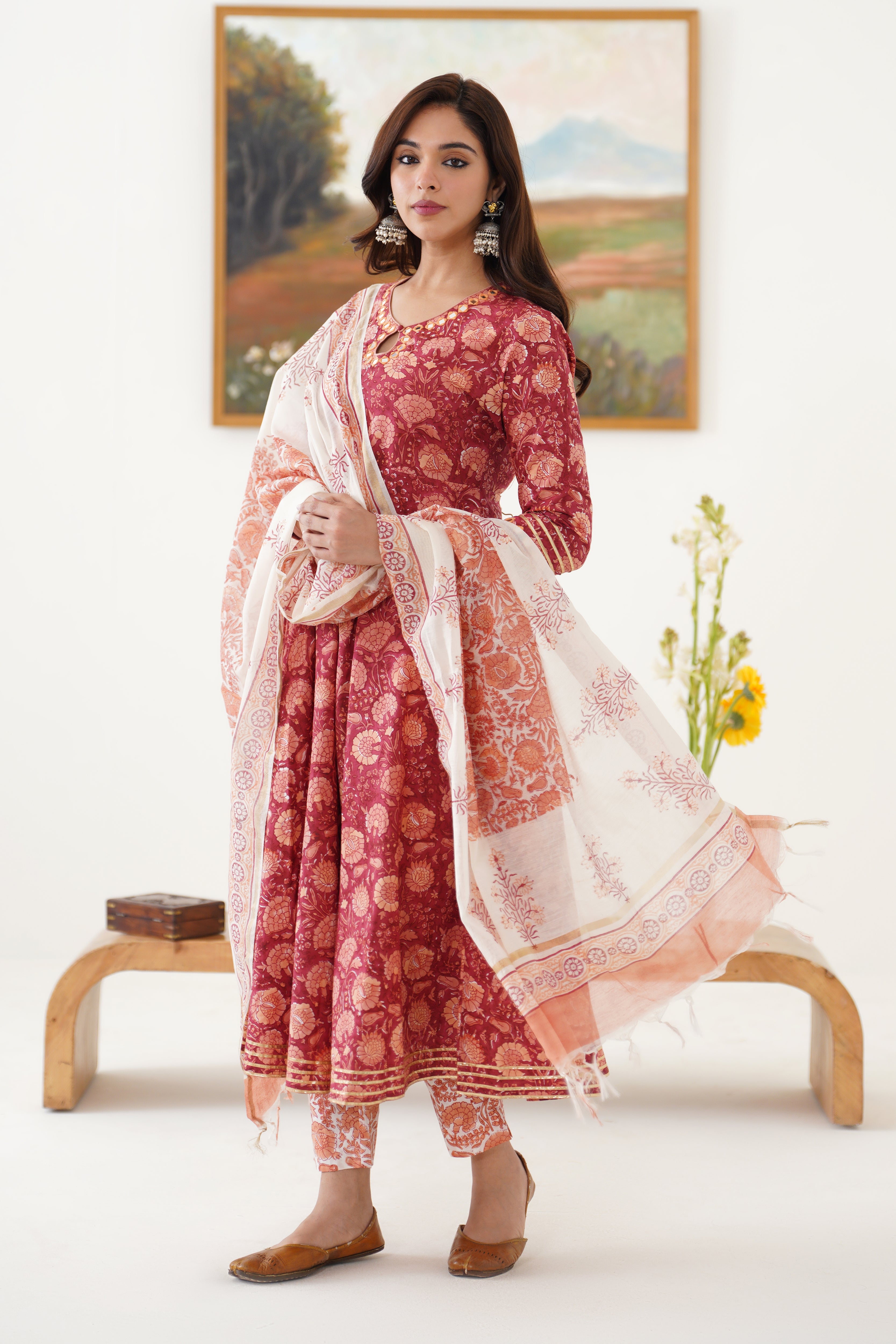 Red Valentina Mirrorwork Anarkali Set of 3