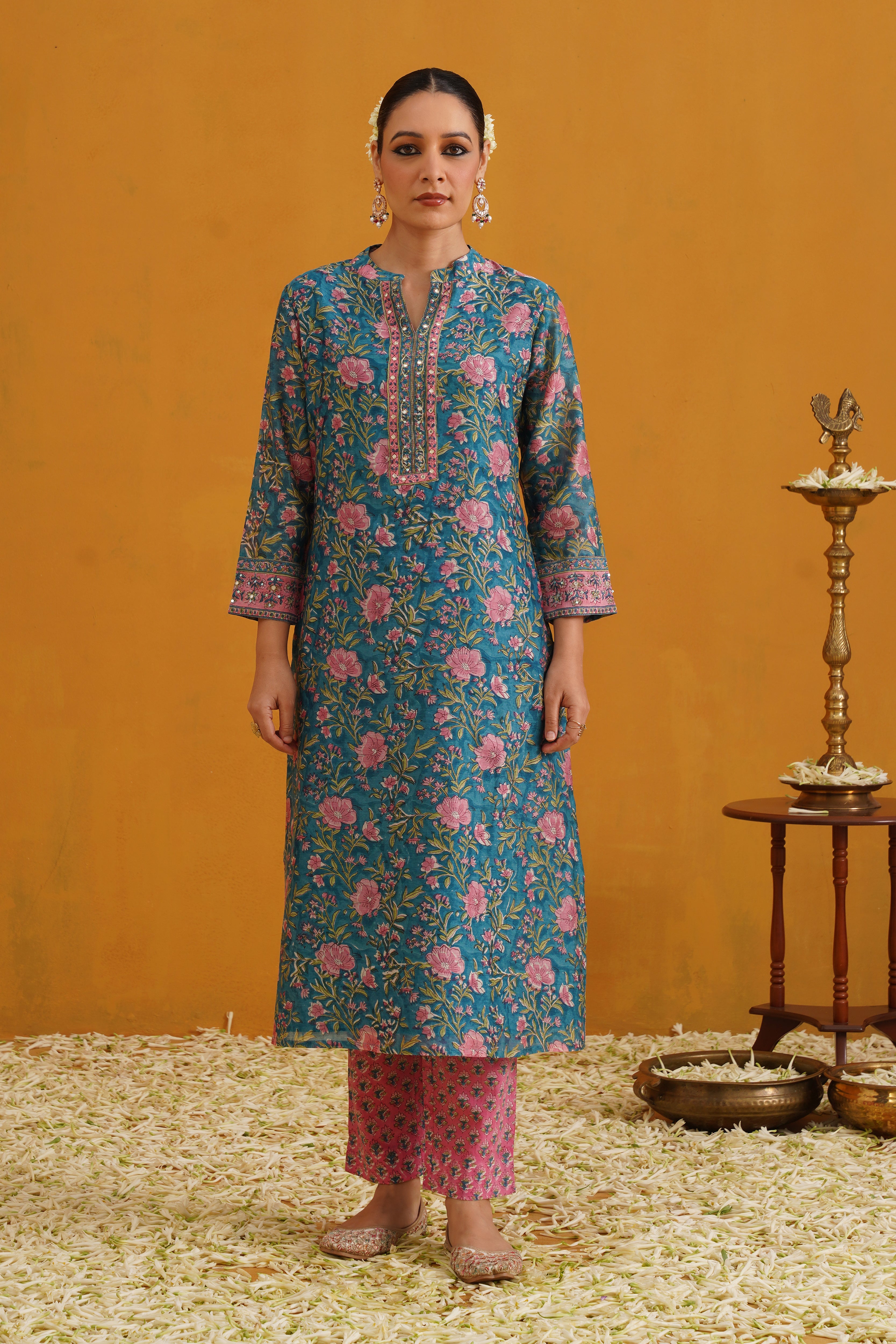 Turquoise Thea Embroidered Chanderi Kurta Set of 3