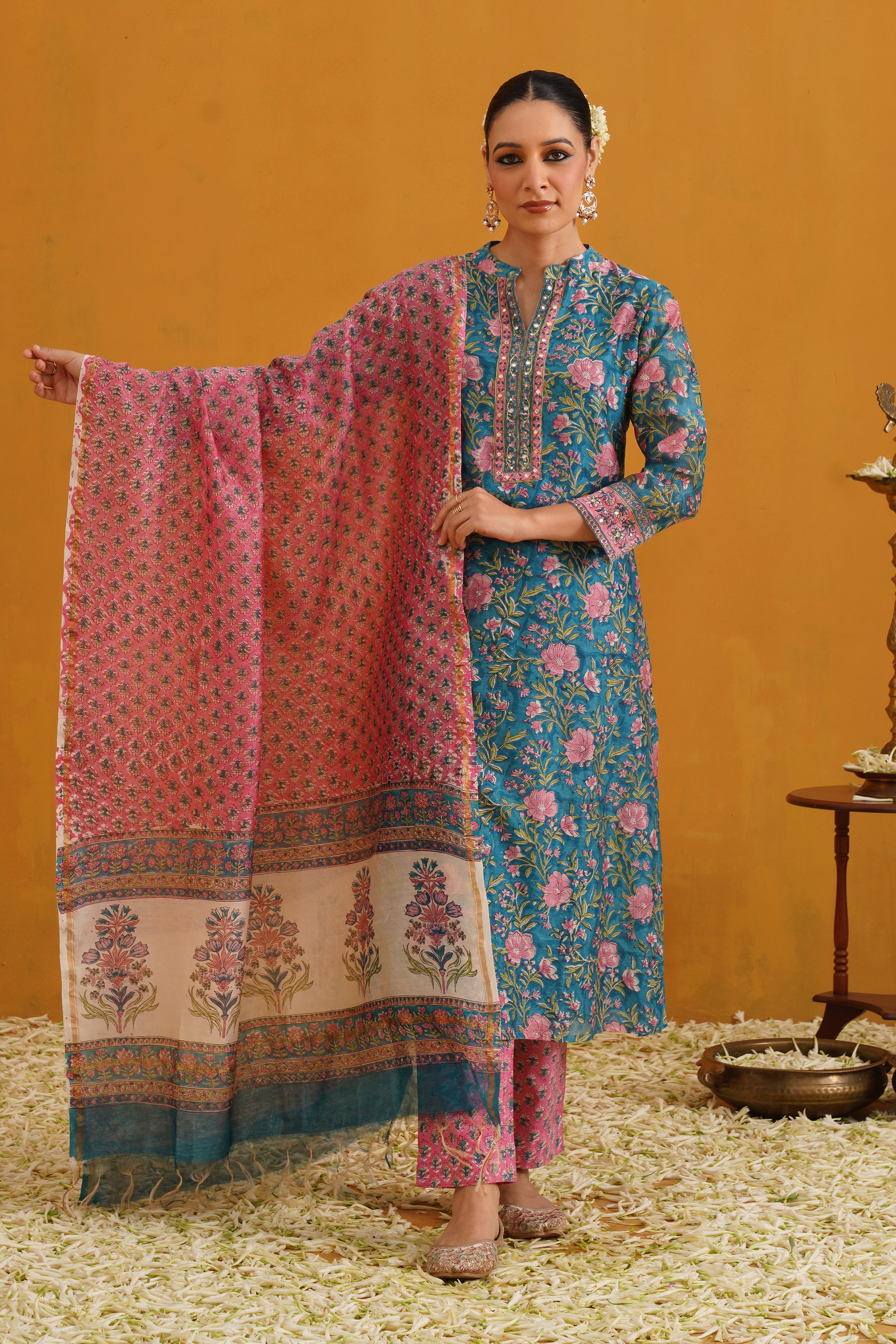 Turquoise Thea Embroidered Chanderi Kurta Set of 3