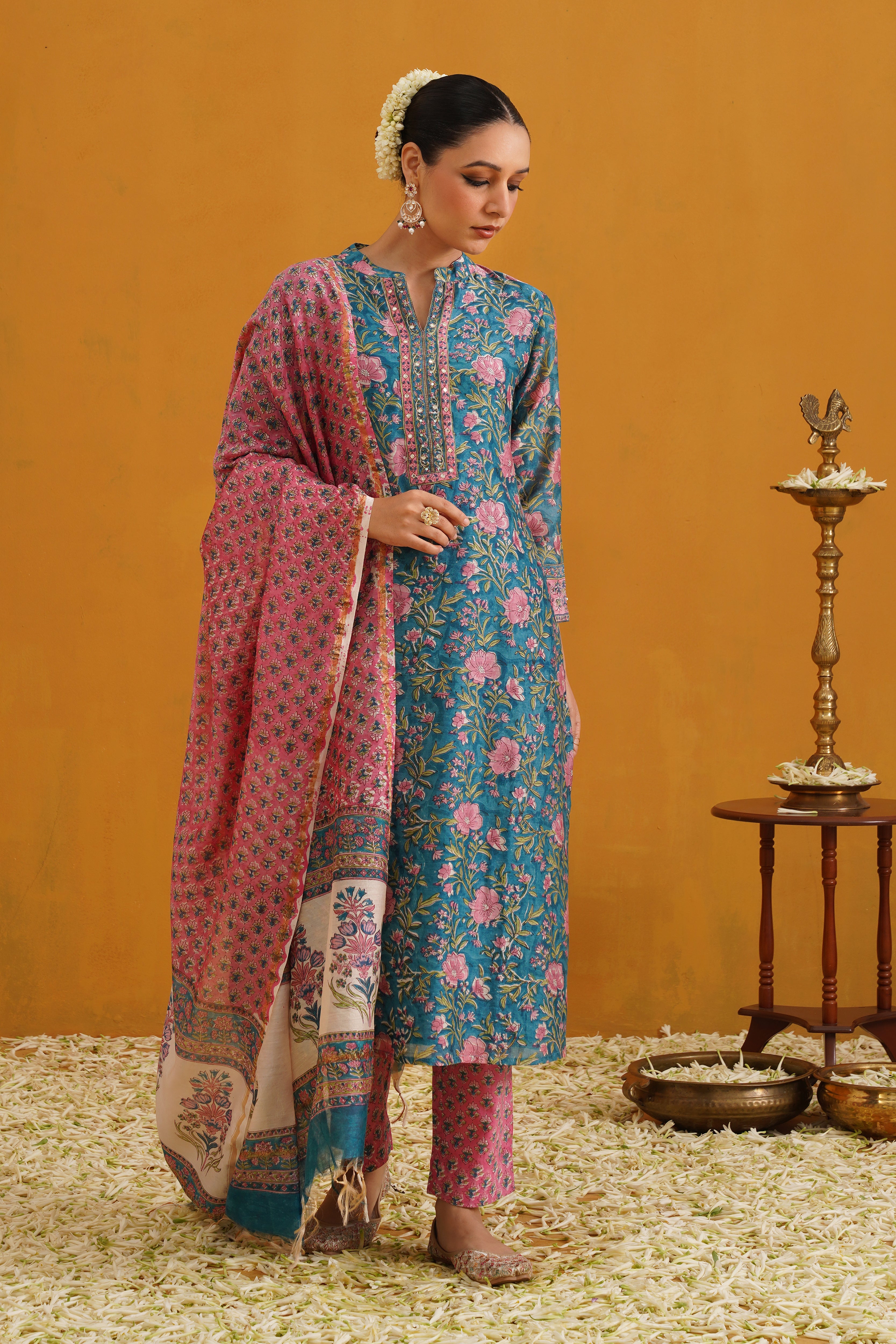 Turquoise Thea Embroidered Chanderi Kurta Set of 3