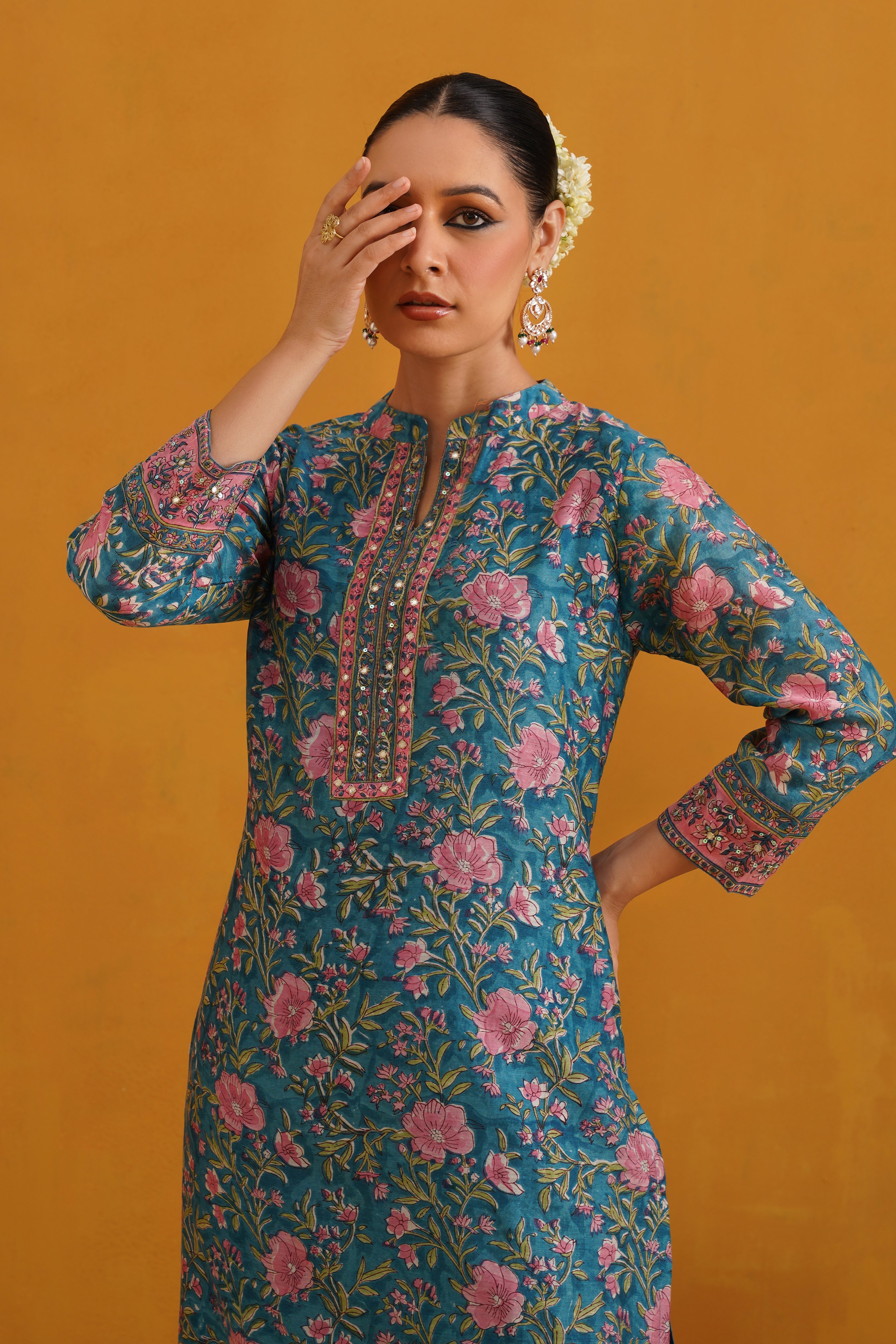 Turquoise Thea Embroidered Chanderi Kurta Set of 3