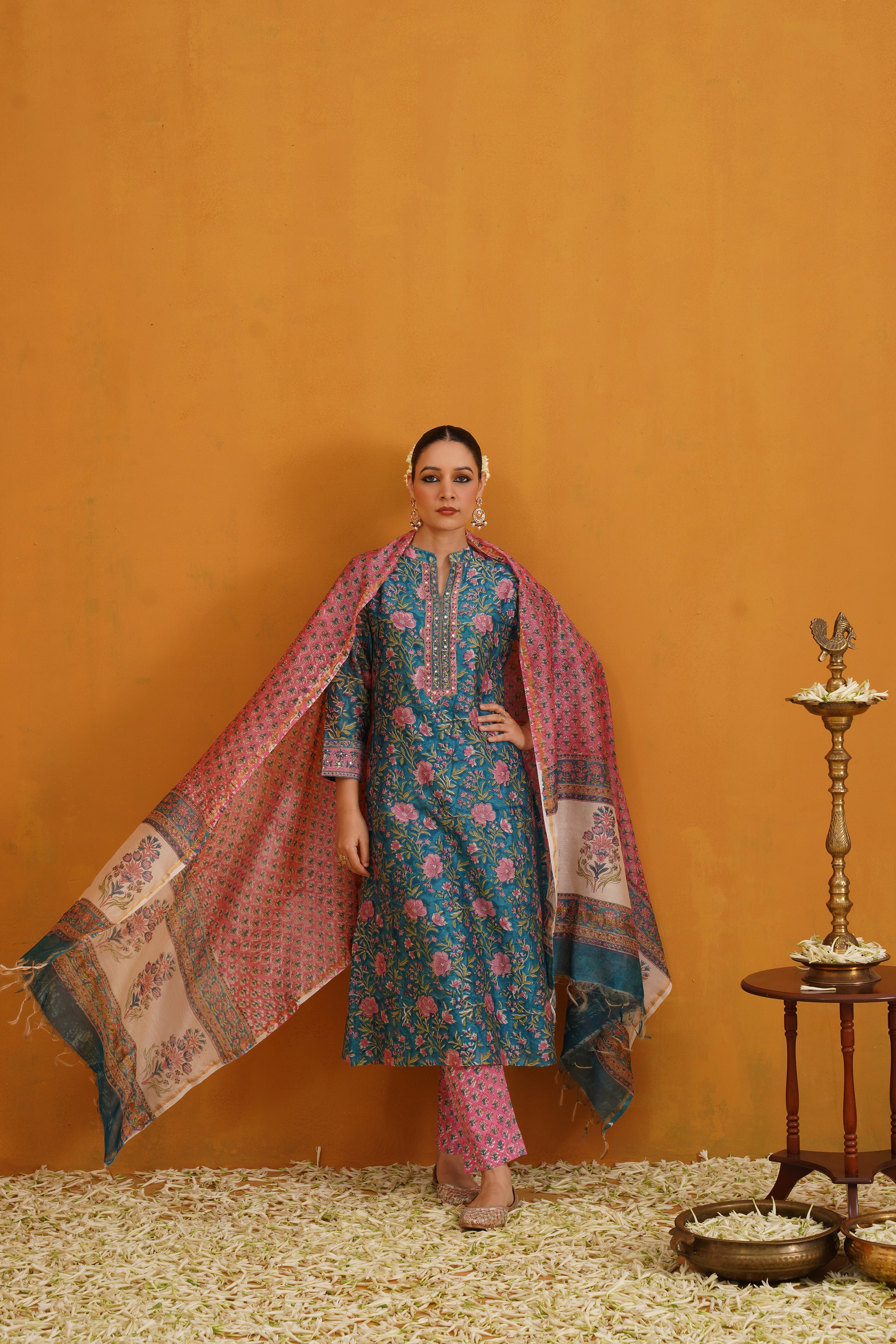 Turquoise Thea Embroidered Chanderi Kurta Set of 3