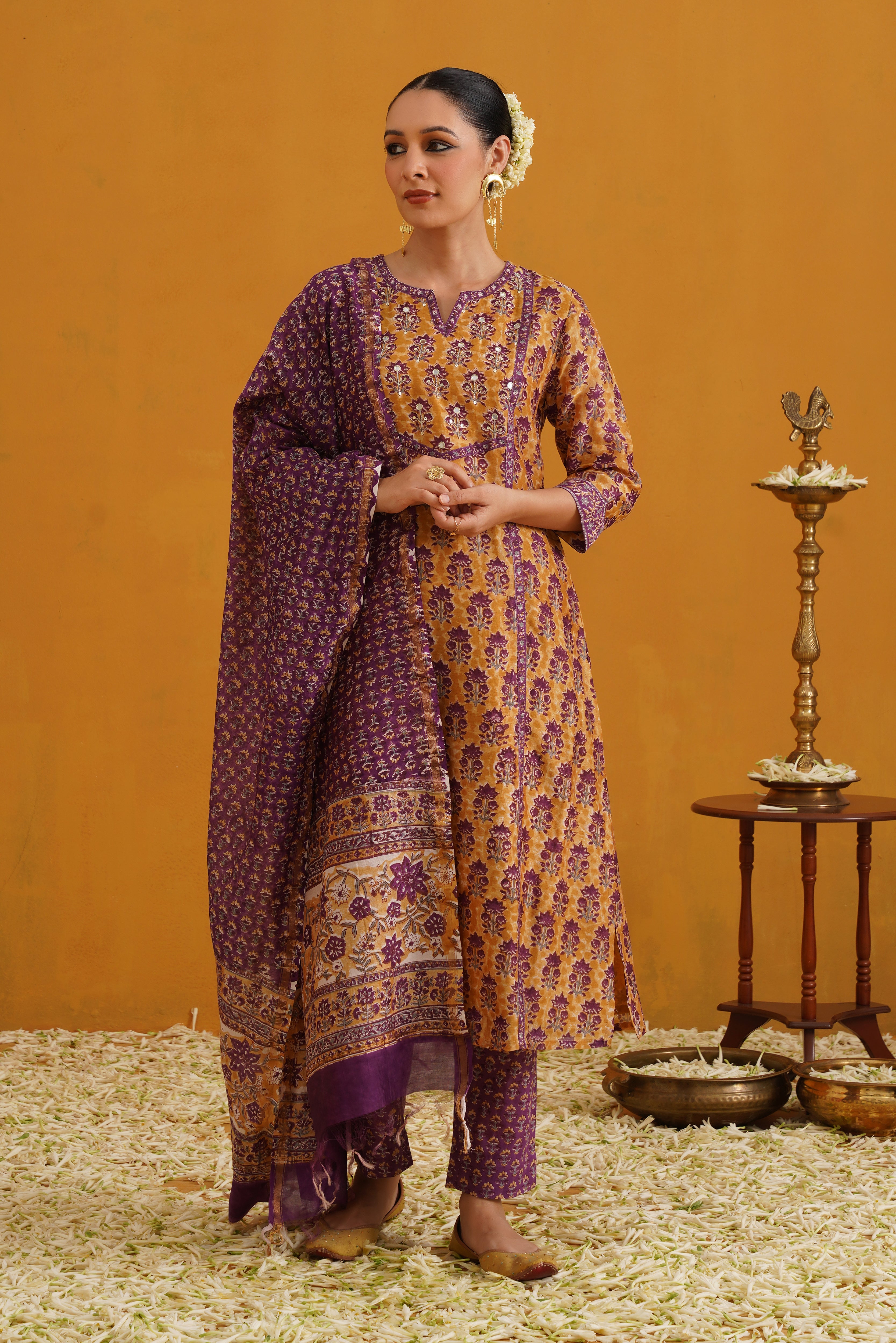 Mustard Molly Embroidered Chanderi Kurta Set of 3