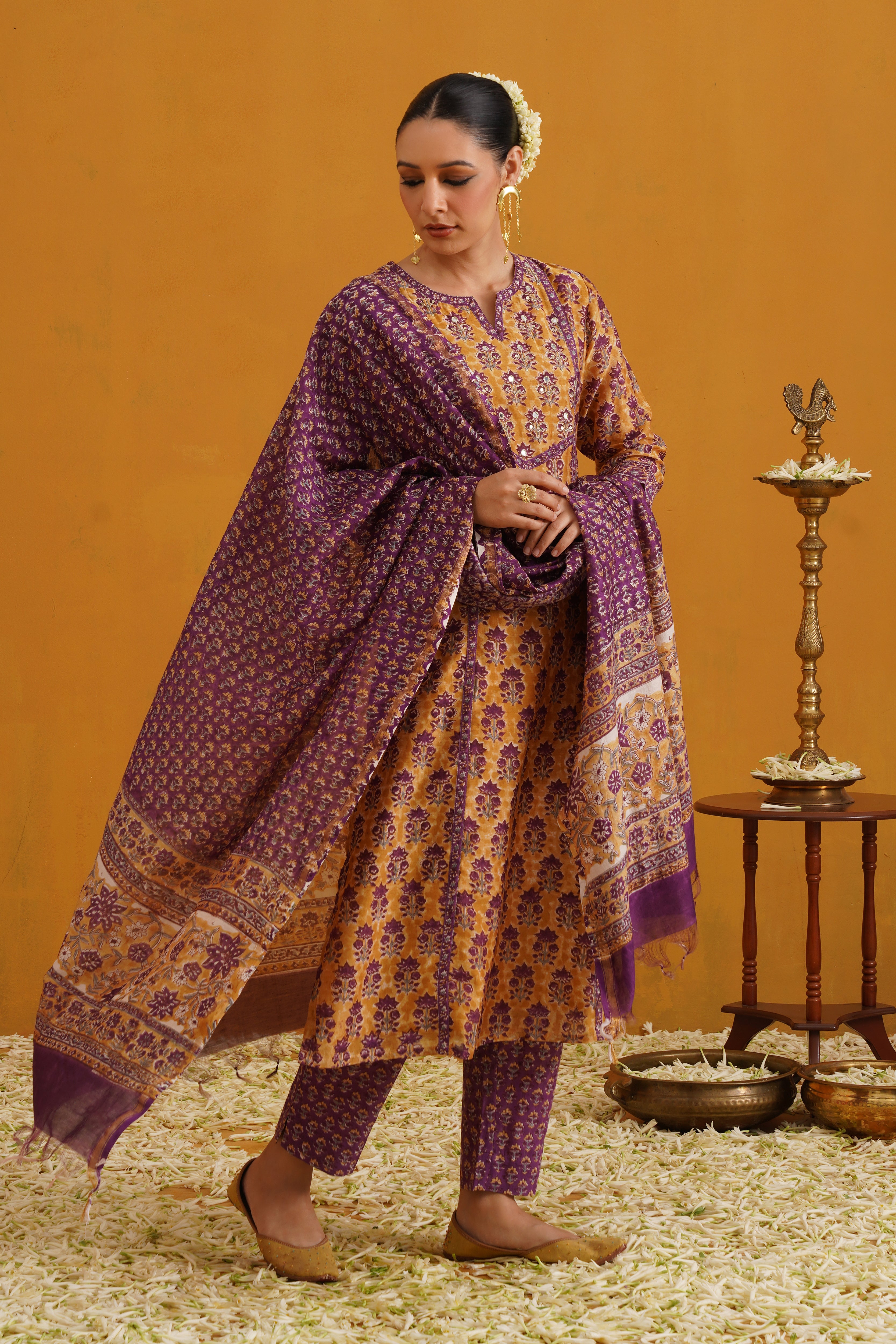 Mustard Molly Embroidered Chanderi Kurta Set of 3