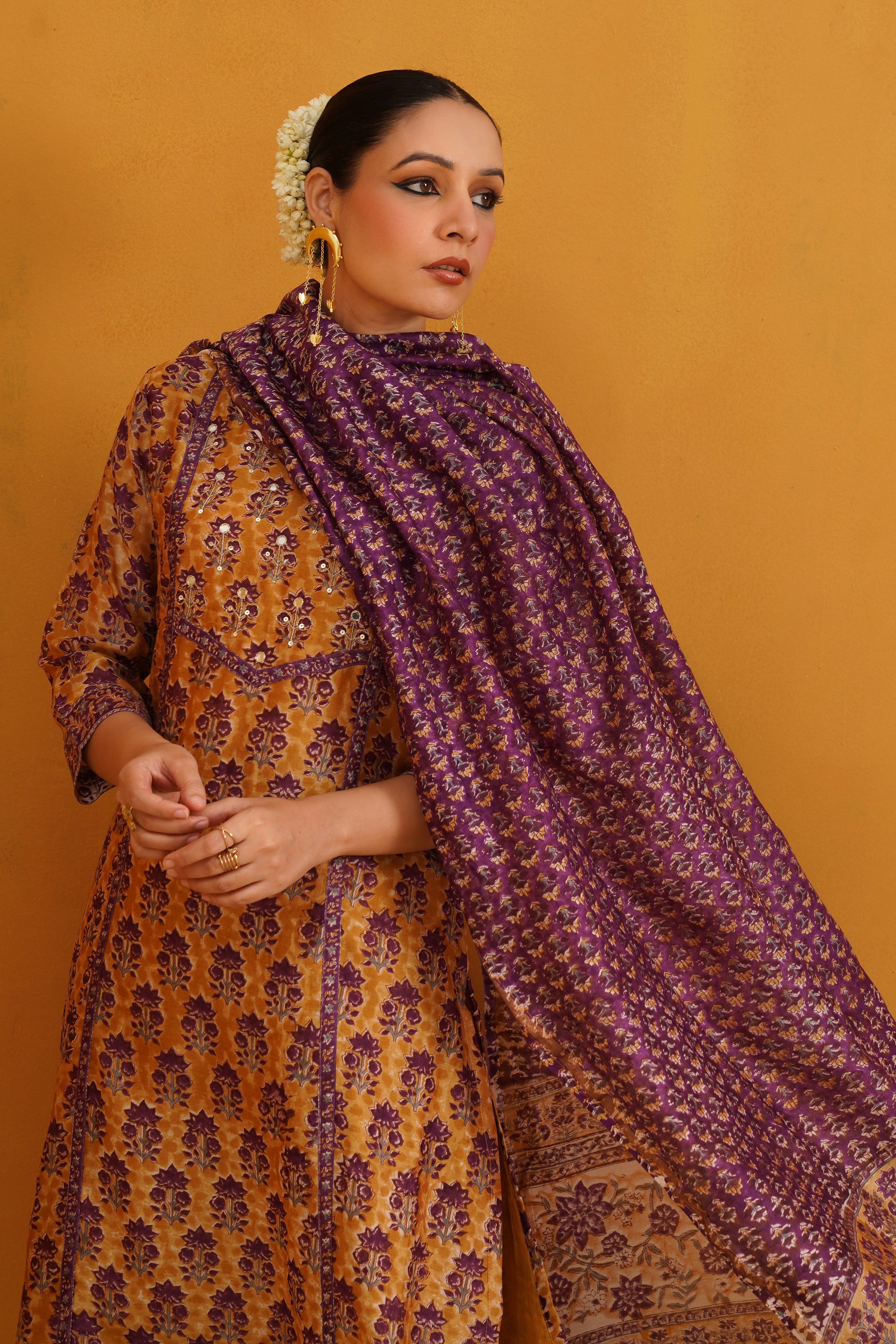 Mustard Molly Embroidered Chanderi Kurta Set of 3