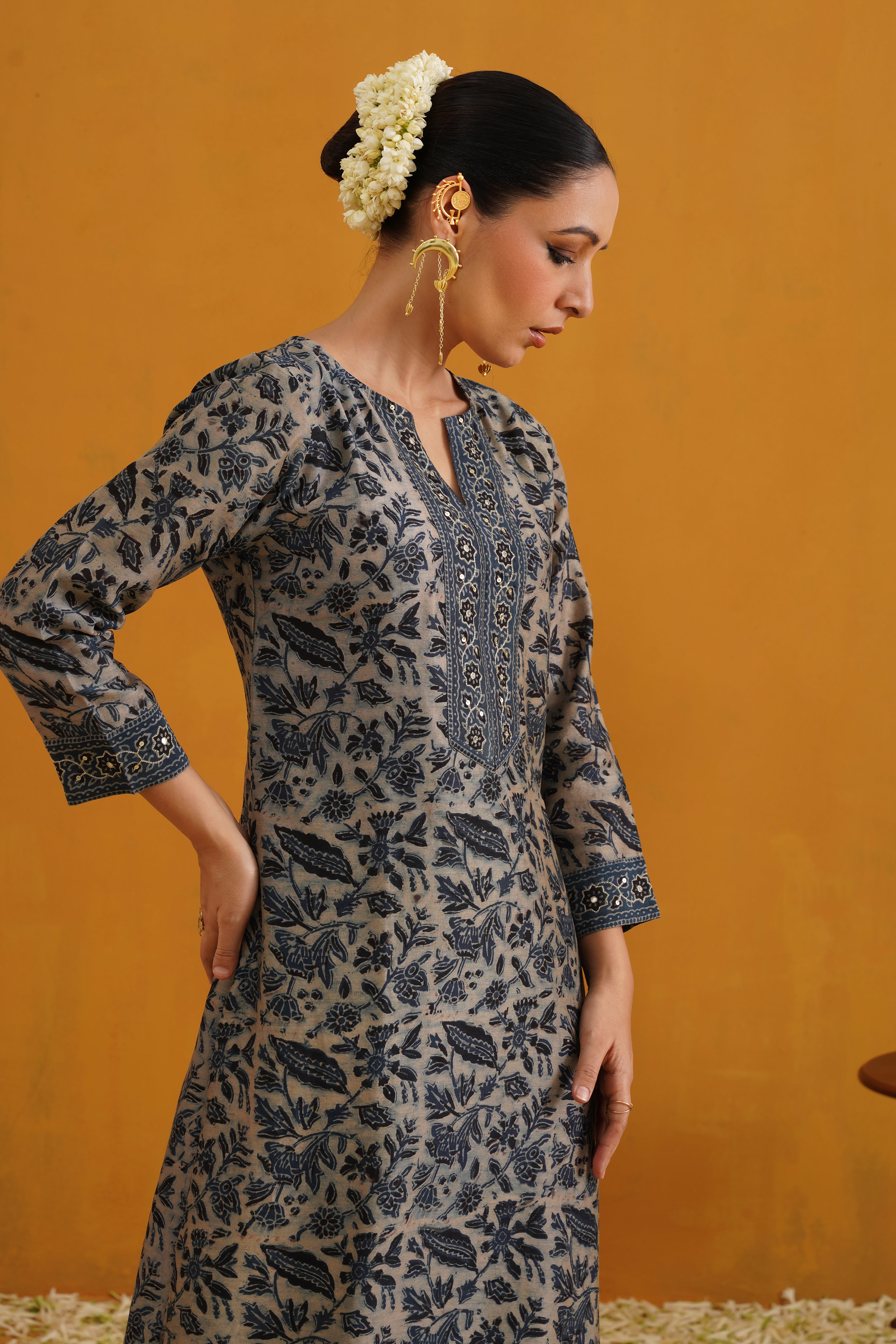 Blue Shirley Kalamkari Embroidered Chanderi Kurta Set of 3
