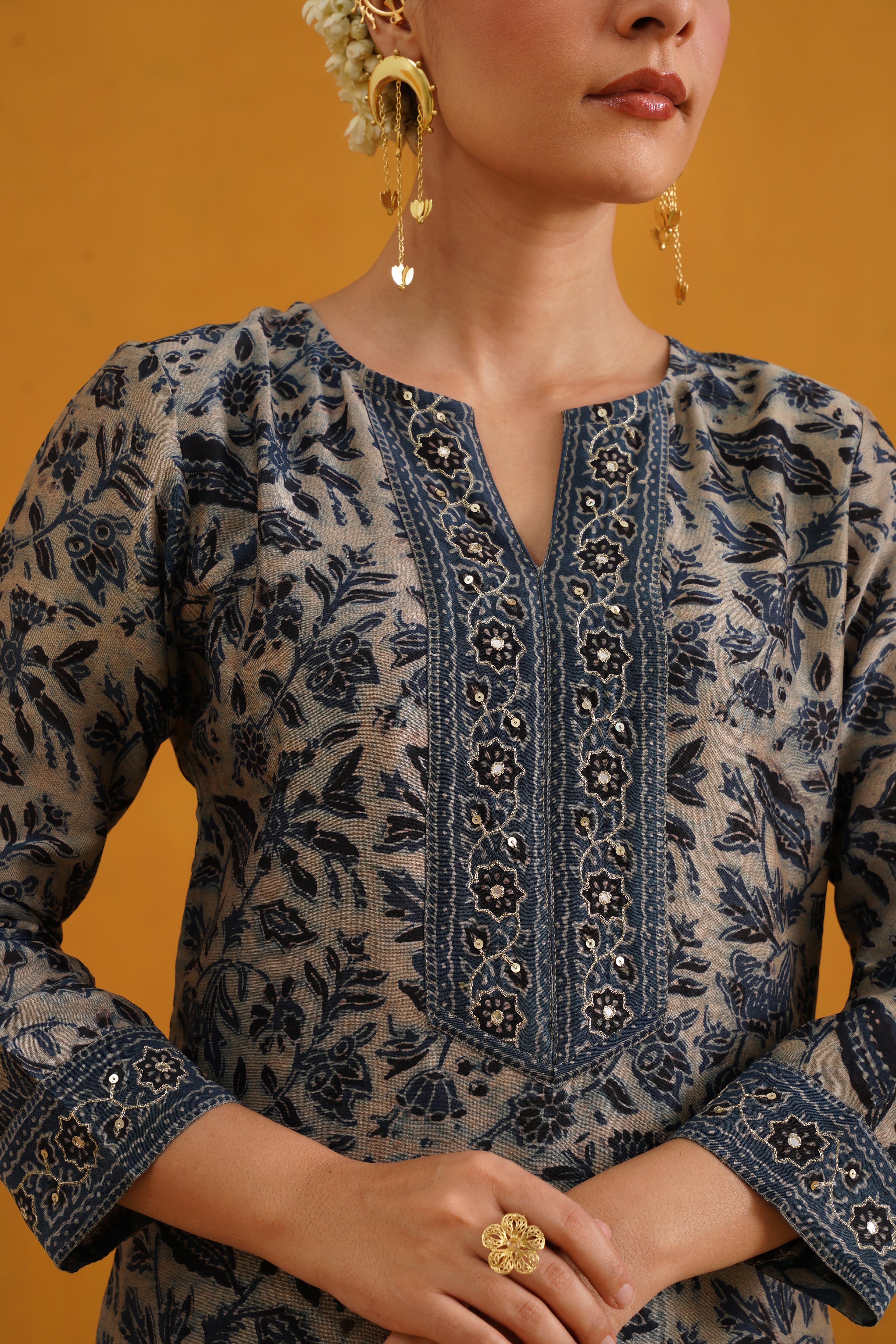Blue Shirley Kalamkari Embroidered Chanderi Kurta Set of 3
