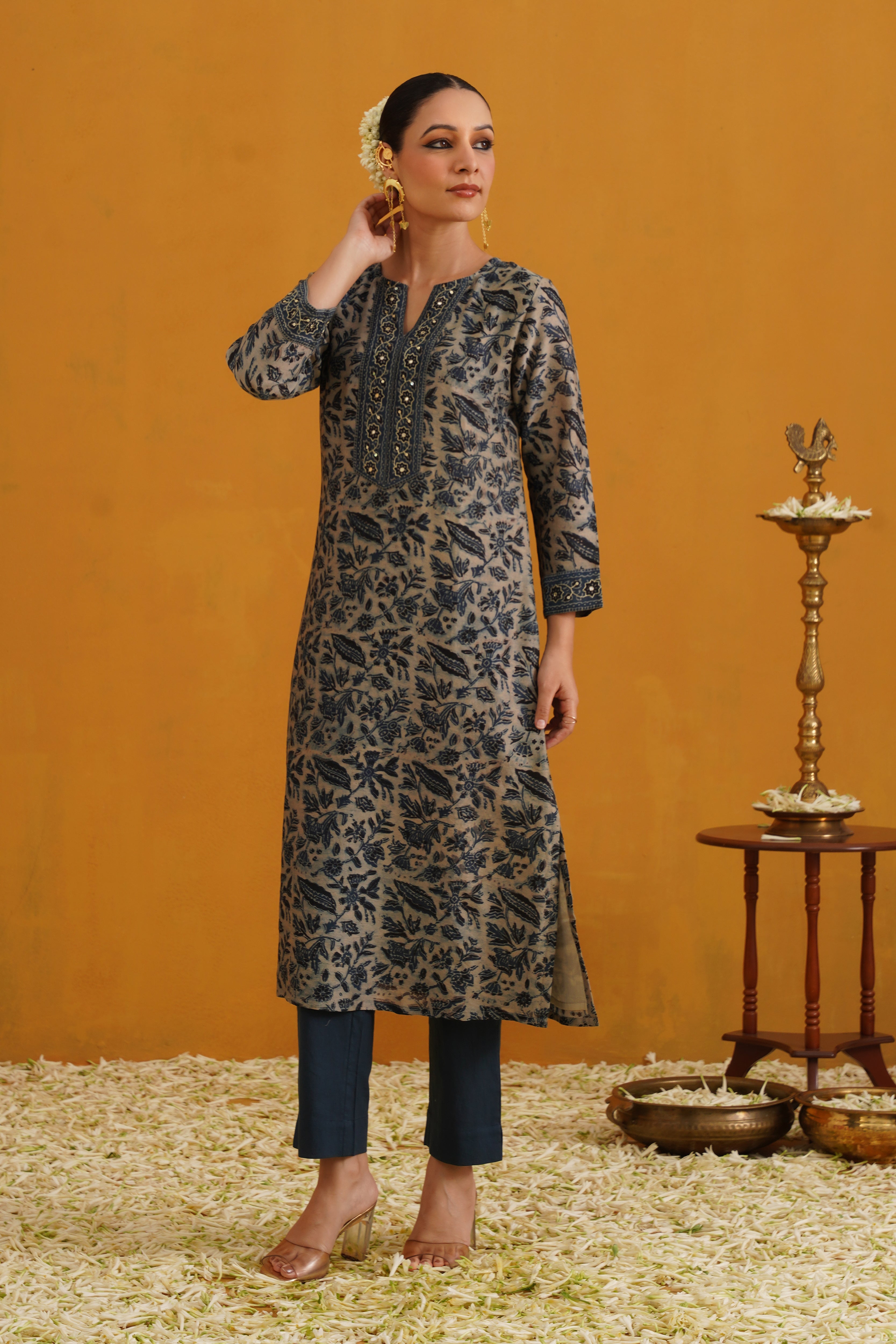Blue Shirley Kalamkari Embroidered Chanderi Kurta Set of 3