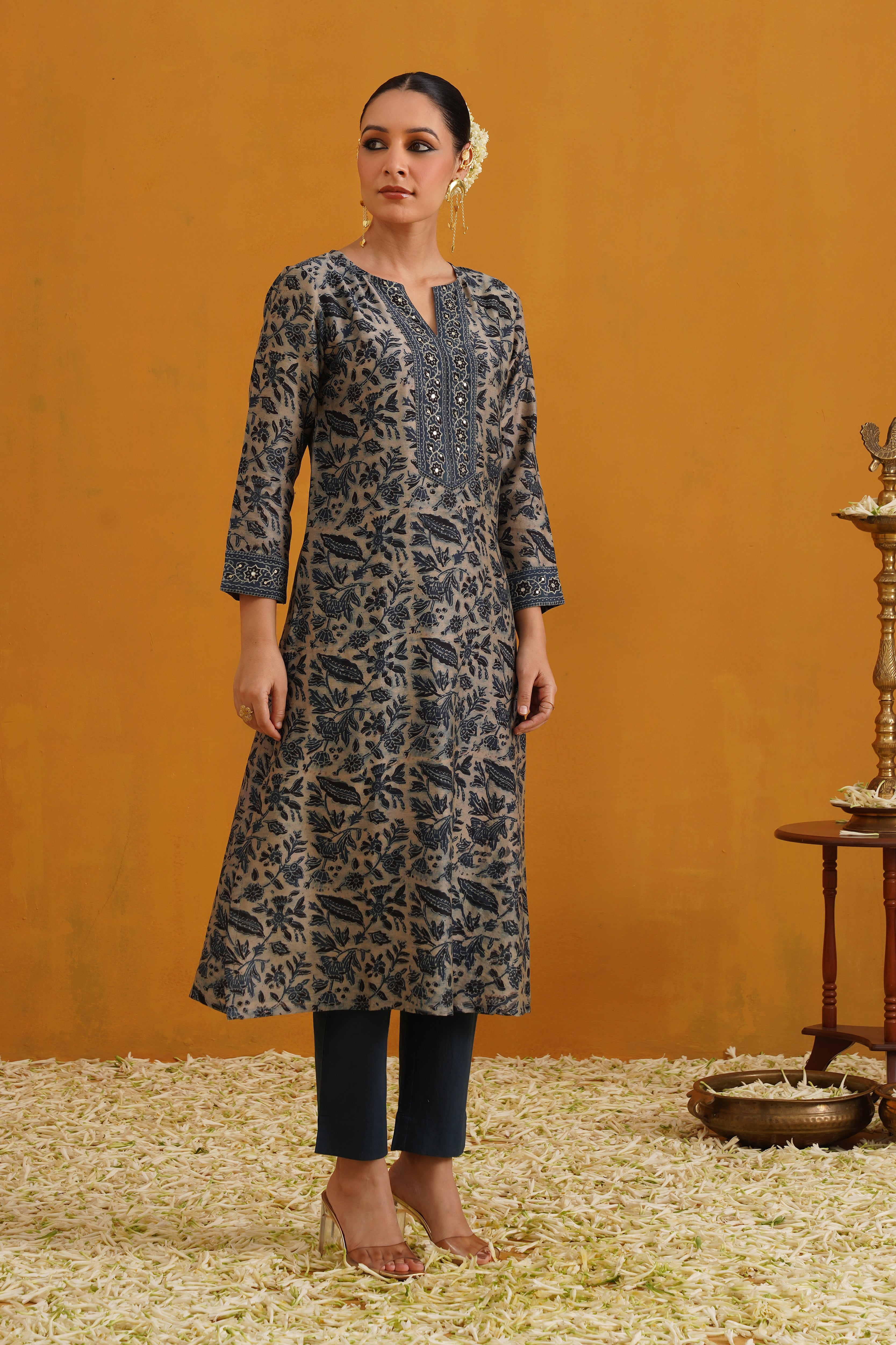 Blue Shirley Kalamkari Embroidered Chanderi Kurta Set of 3