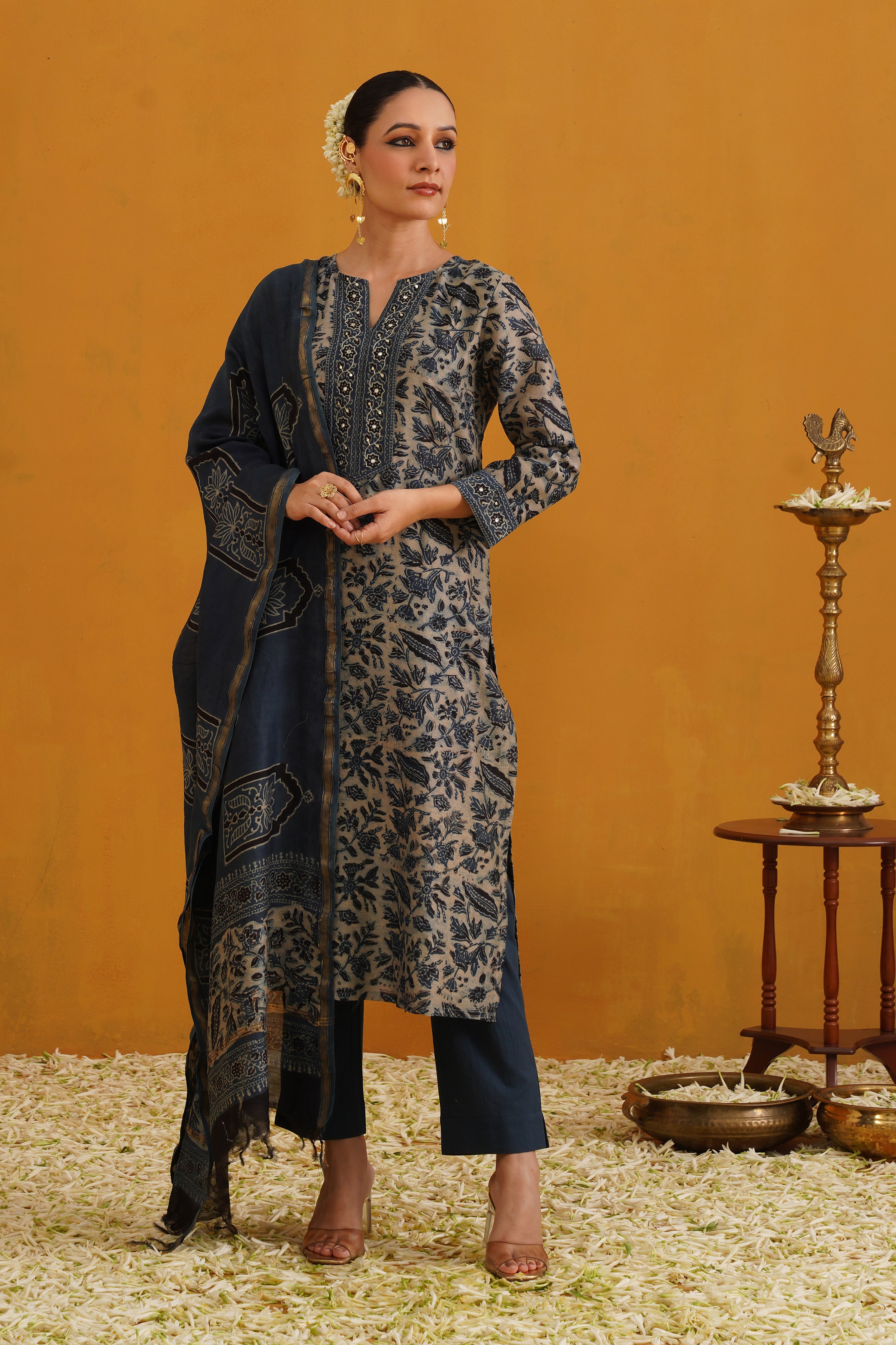 Blue Shirley Kalamkari Embroidered Chanderi Kurta Set of 3